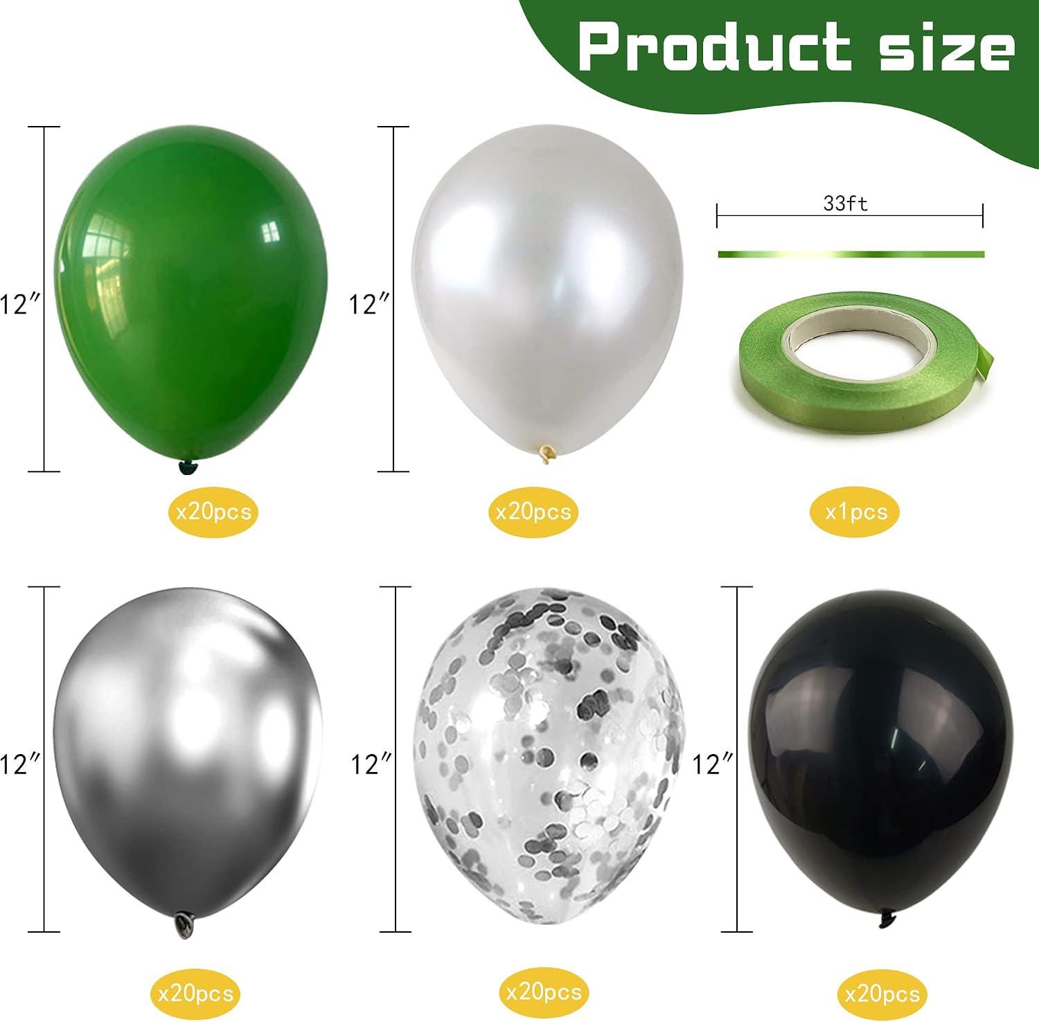 100Pcs Green Silver Black White Balloon Set, Chrome Metallic Confetti Balloons, Graduation Party Decor