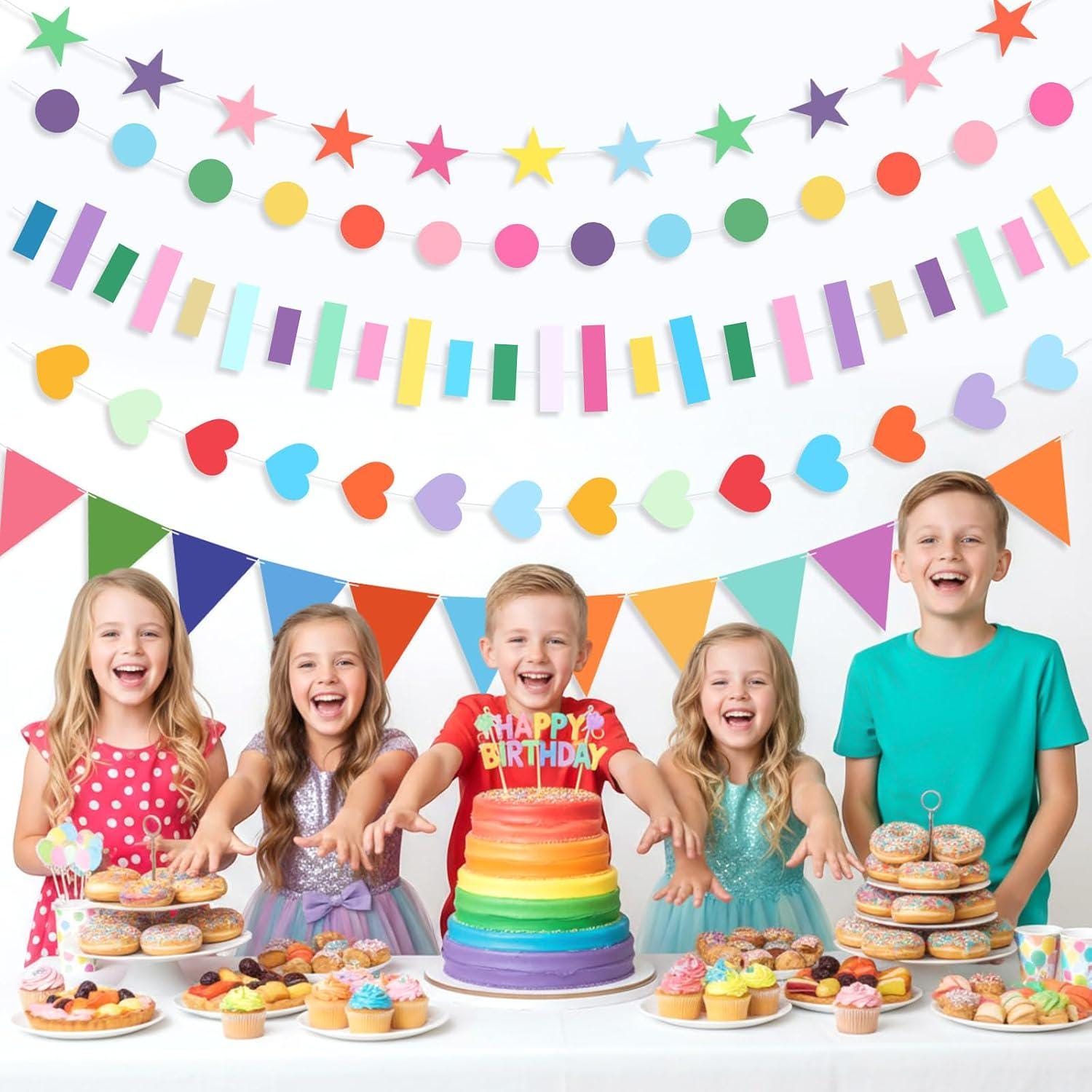 Rainbow Garland Banner | Colorful Pennant Streamers for Parties, Classrooms