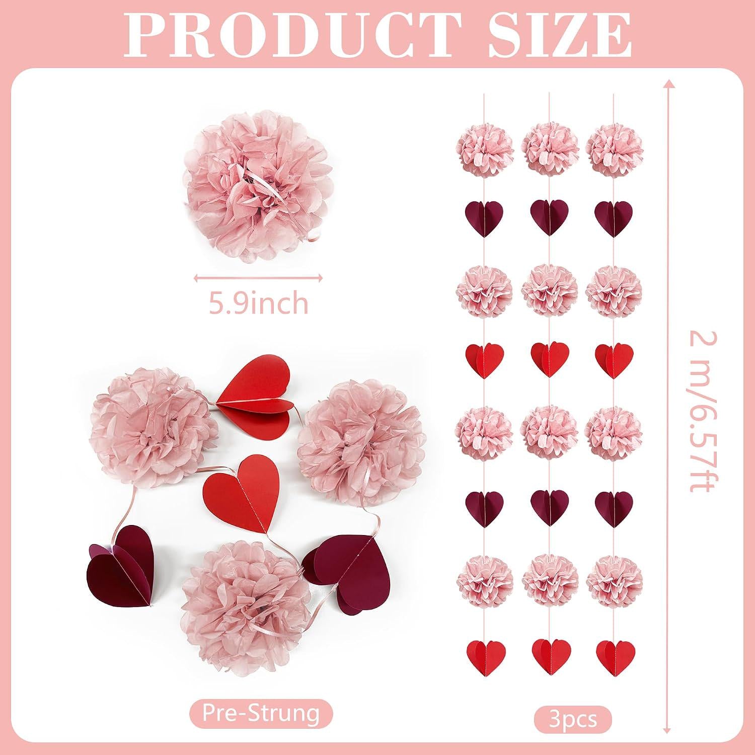 Dusty Rose Pink Party Decor Set | Tissue Pom Poms, Heart Garland (Valentine, Baby Shower)