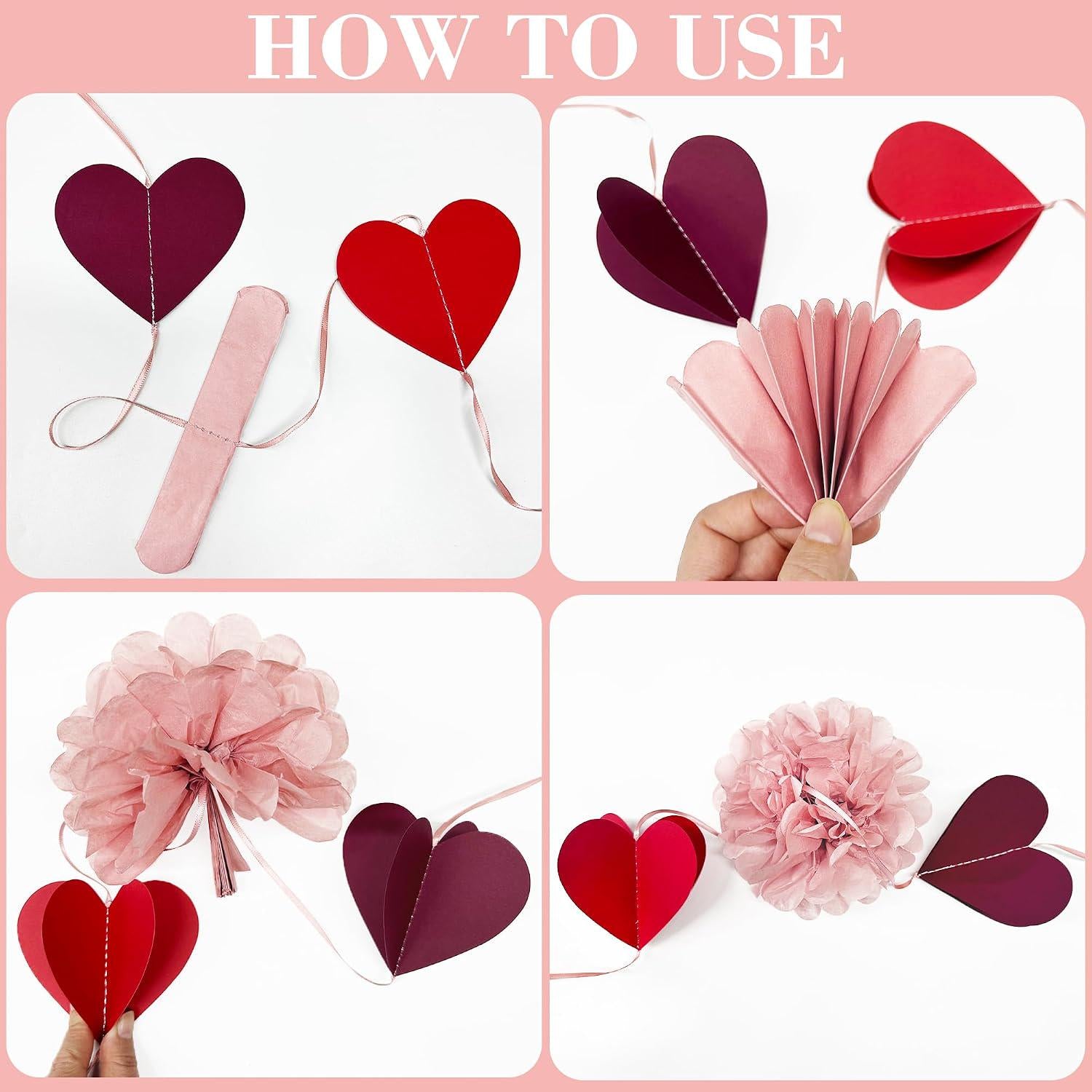 Dusty Rose Pink Party Decor Set | Tissue Pom Poms, Heart Garland (Valentine, Baby Shower)