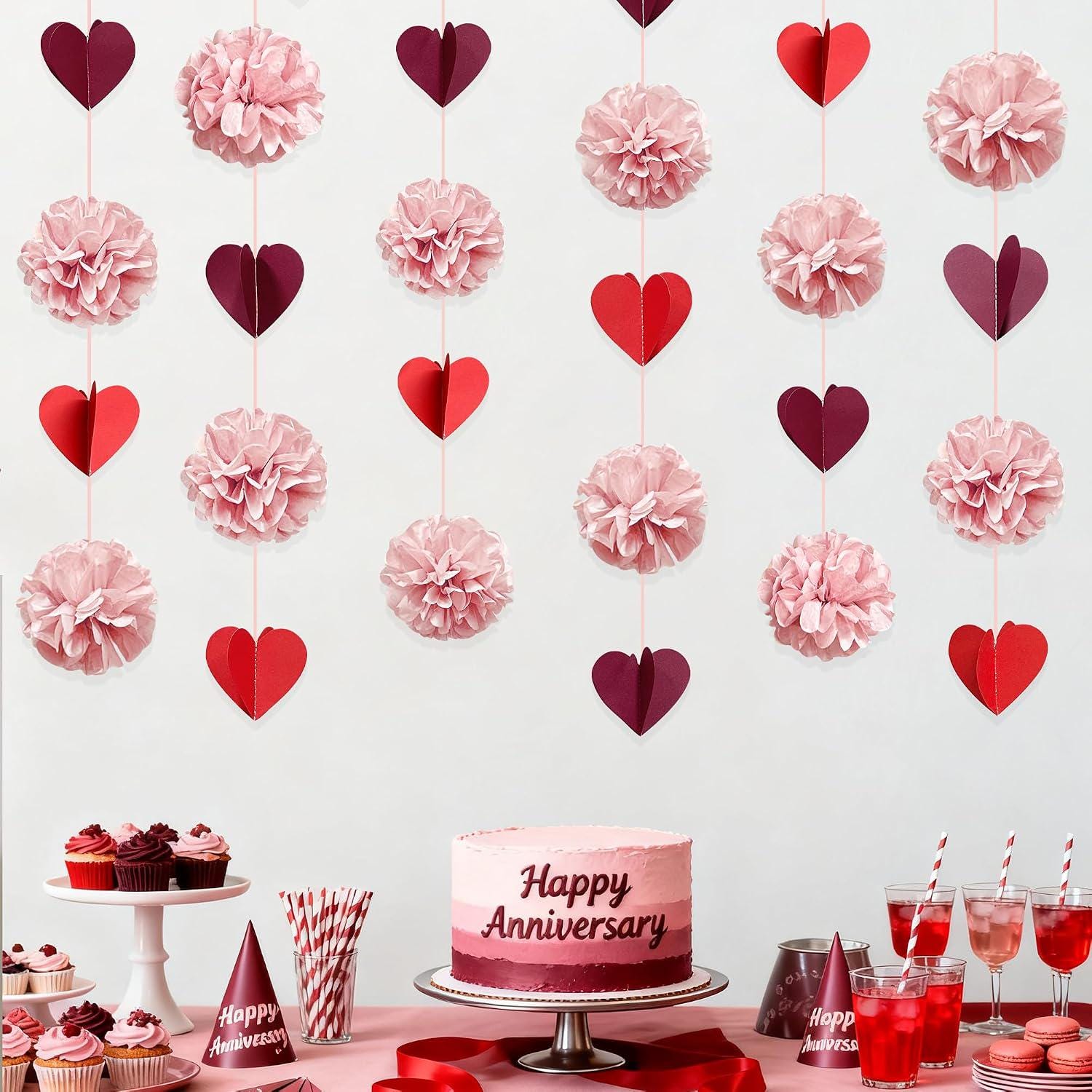 Dusty Rose Pink Party Decor Set | Tissue Pom Poms, Heart Garland (Valentine, Baby Shower)
