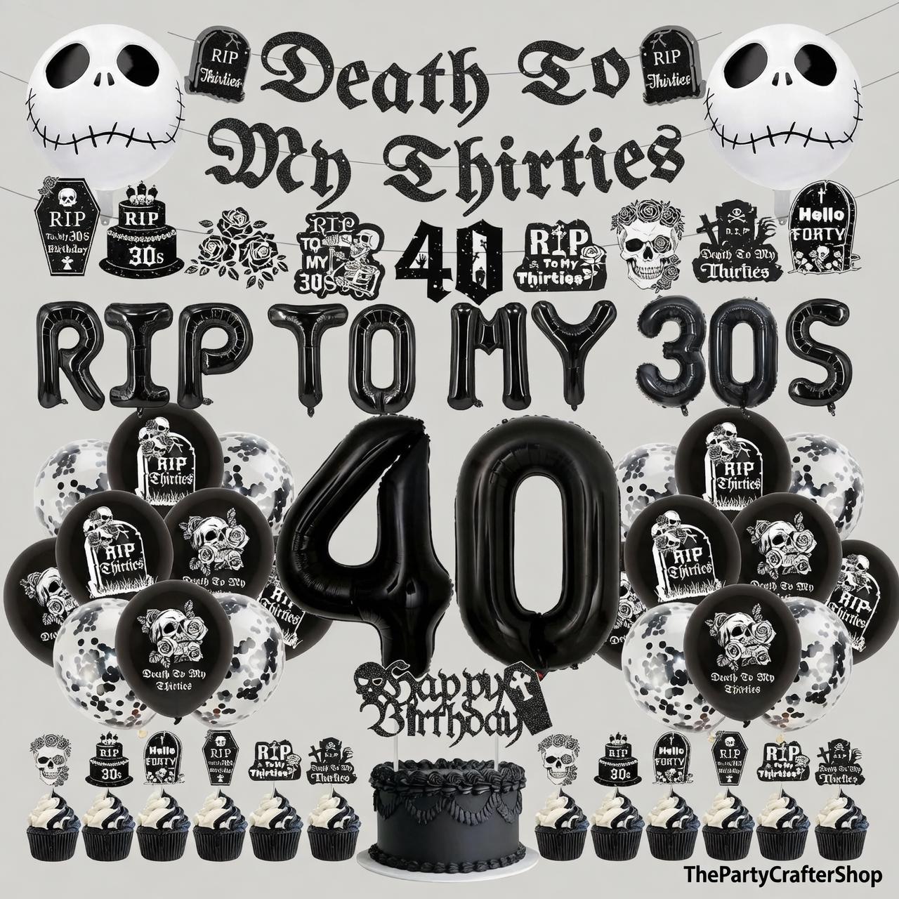 49 Pc 40th Birthday Decorations | Death to My 30s Banner Balloons Cake Toppers | Black Gothic Party Supplies
