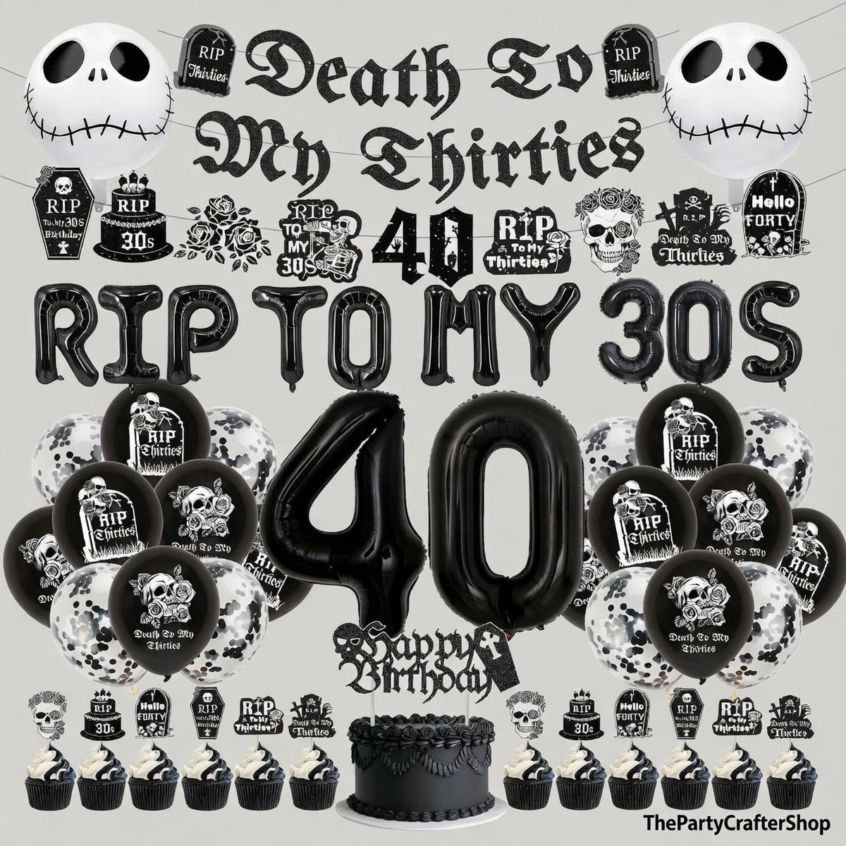 49 Pc 40th Birthday Decorations | Death to My 30s Banner Balloons Cake Toppers | Black Gothic Party Supplies