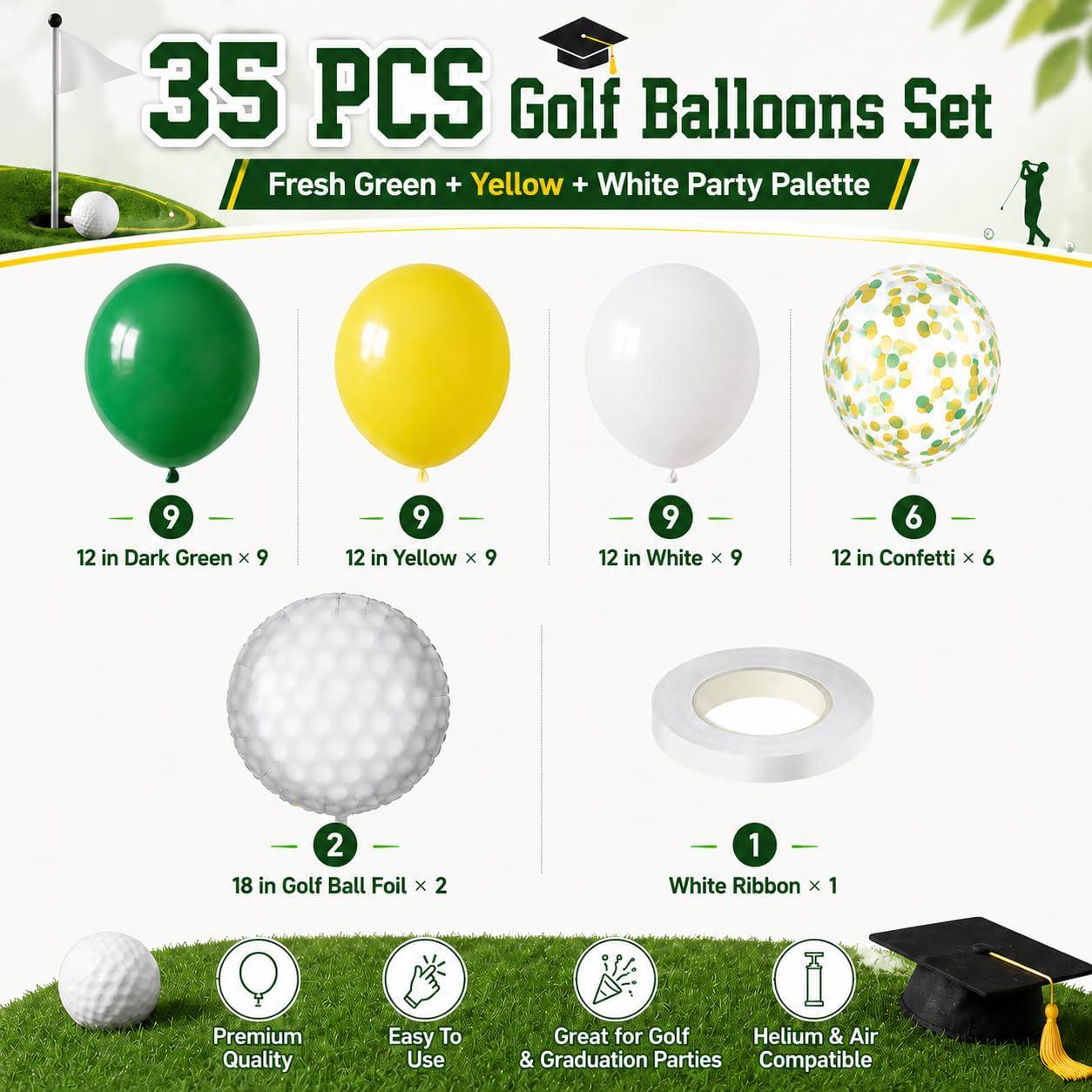 Golf Birthday Party Balloons, Green Yellow Confetti, Golf Ball Foil