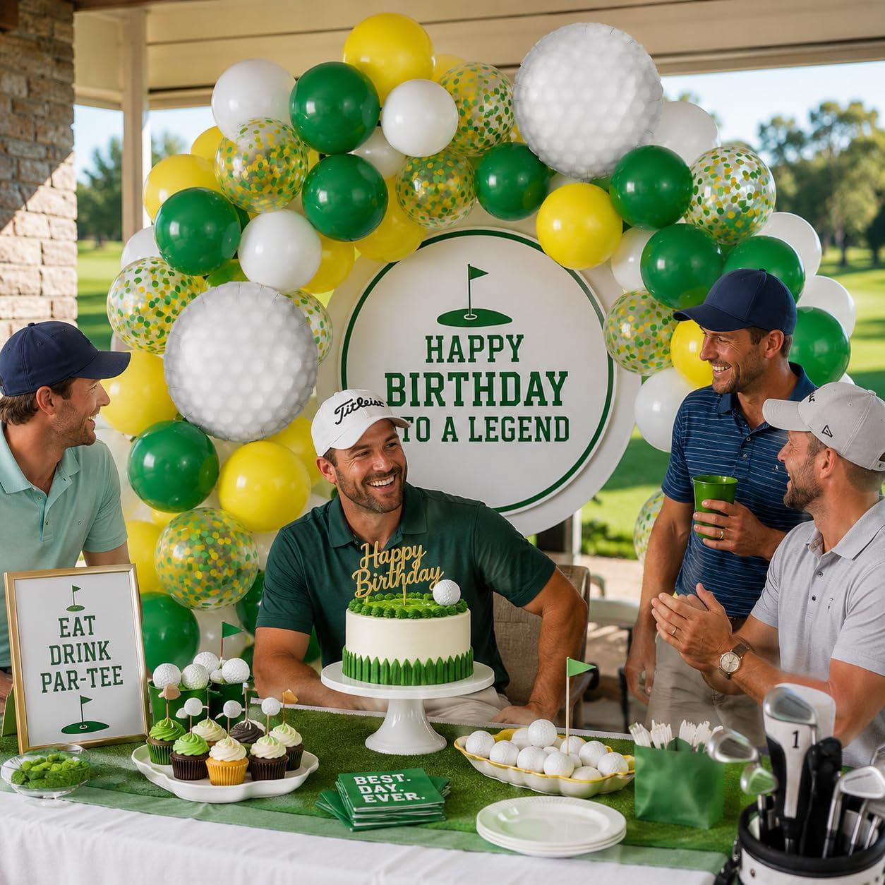 Golf Birthday Party Balloons, Green Yellow Confetti, Golf Ball Foil
