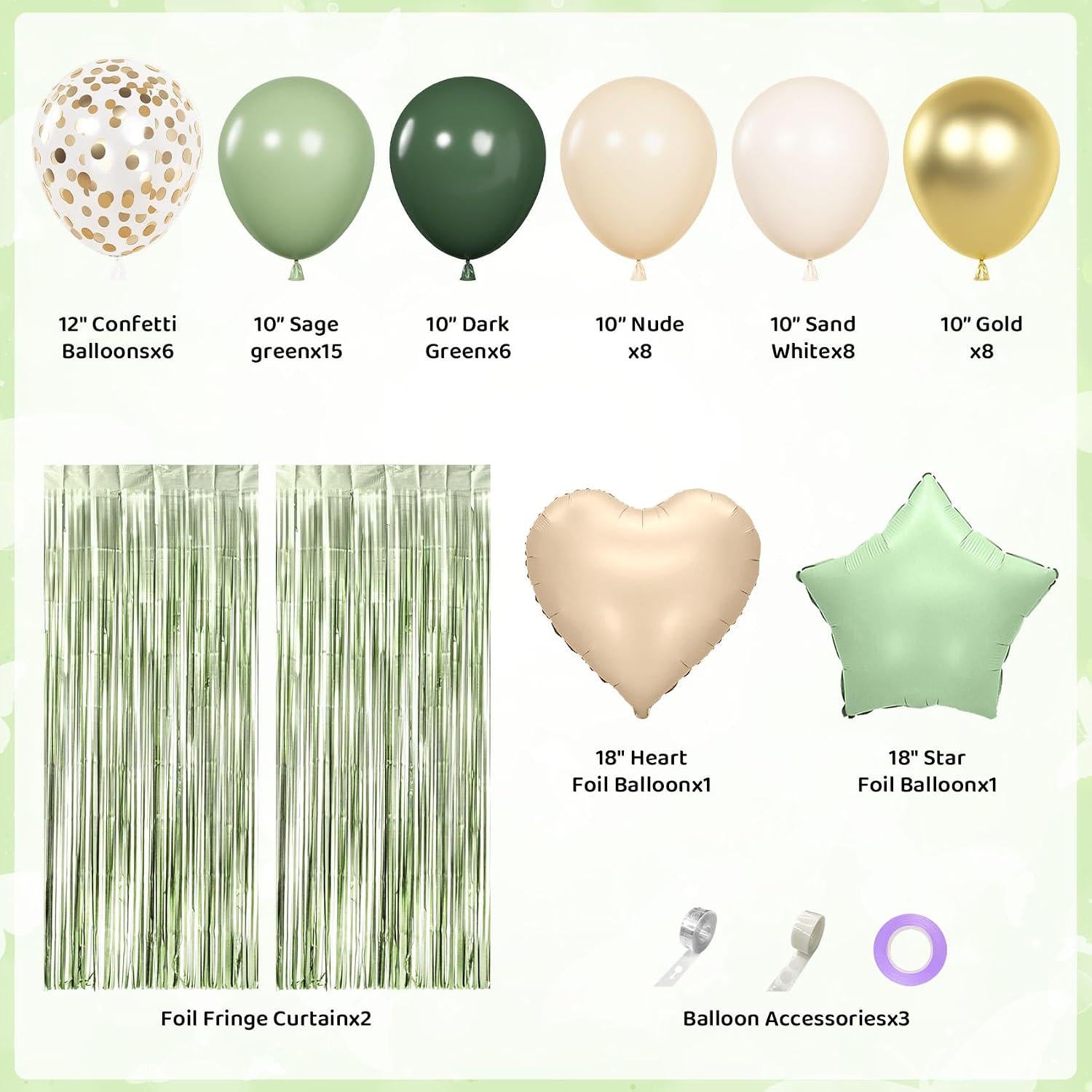 Sage Green Birthday Balloon Arch Kit, Olive Gold Banner, Fringe Curtain Party Supplies