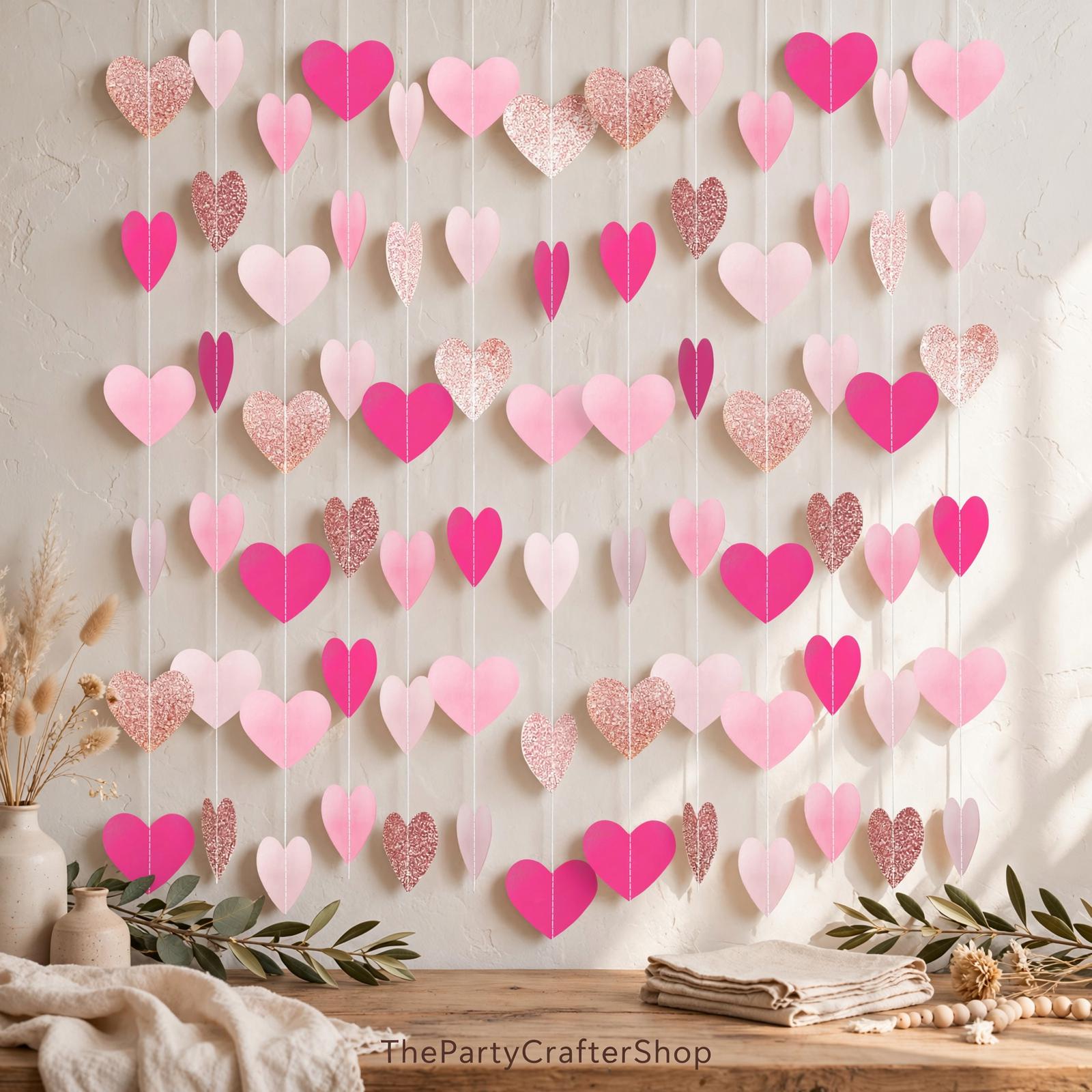 Hot Pink Rose Gold Heart Garland | 52ft Paper Streamer Banner (Party Decor)