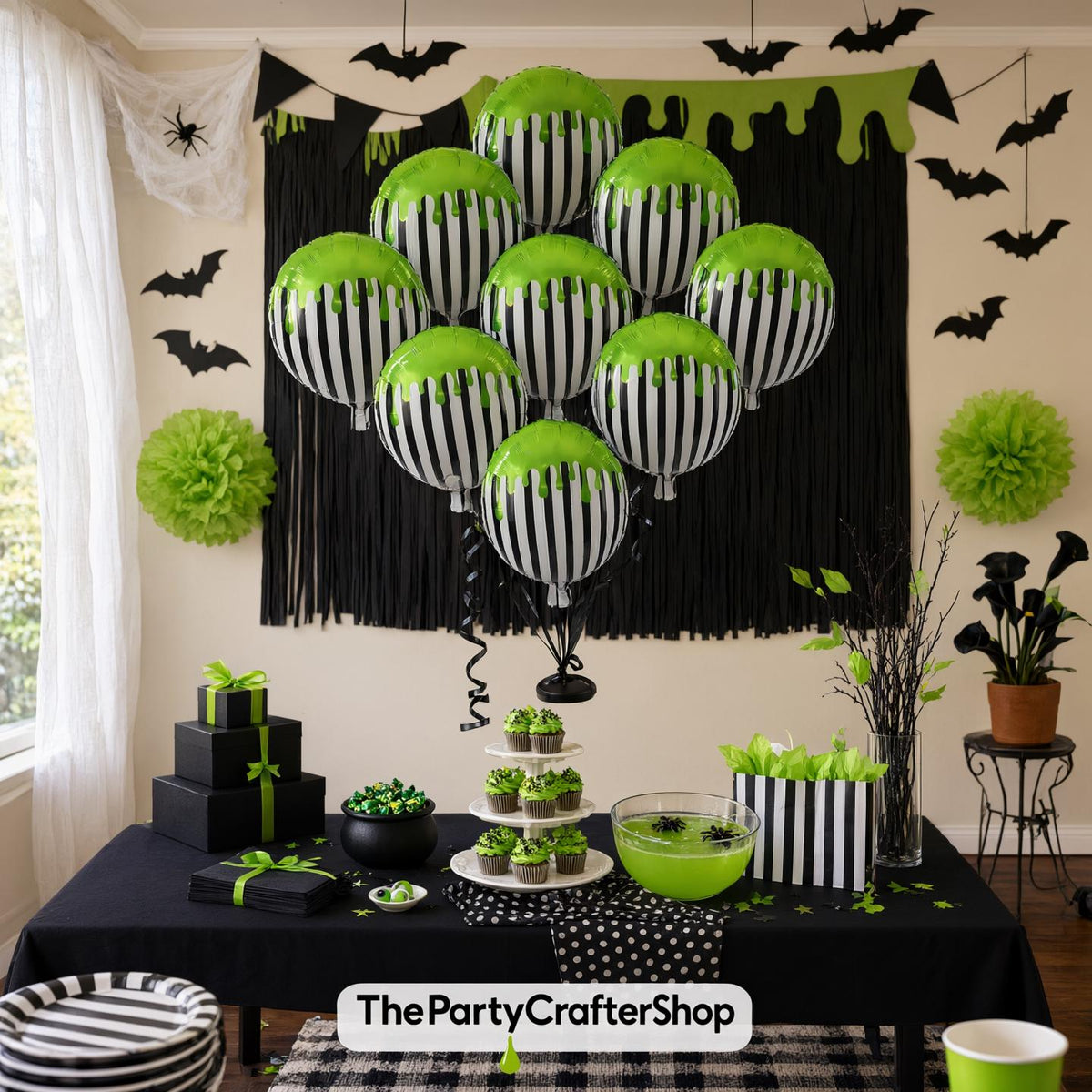 12Pcs Halloween Black White Green Foil Balloon Set, 18 Inch Reusable Mylar Party Decorations