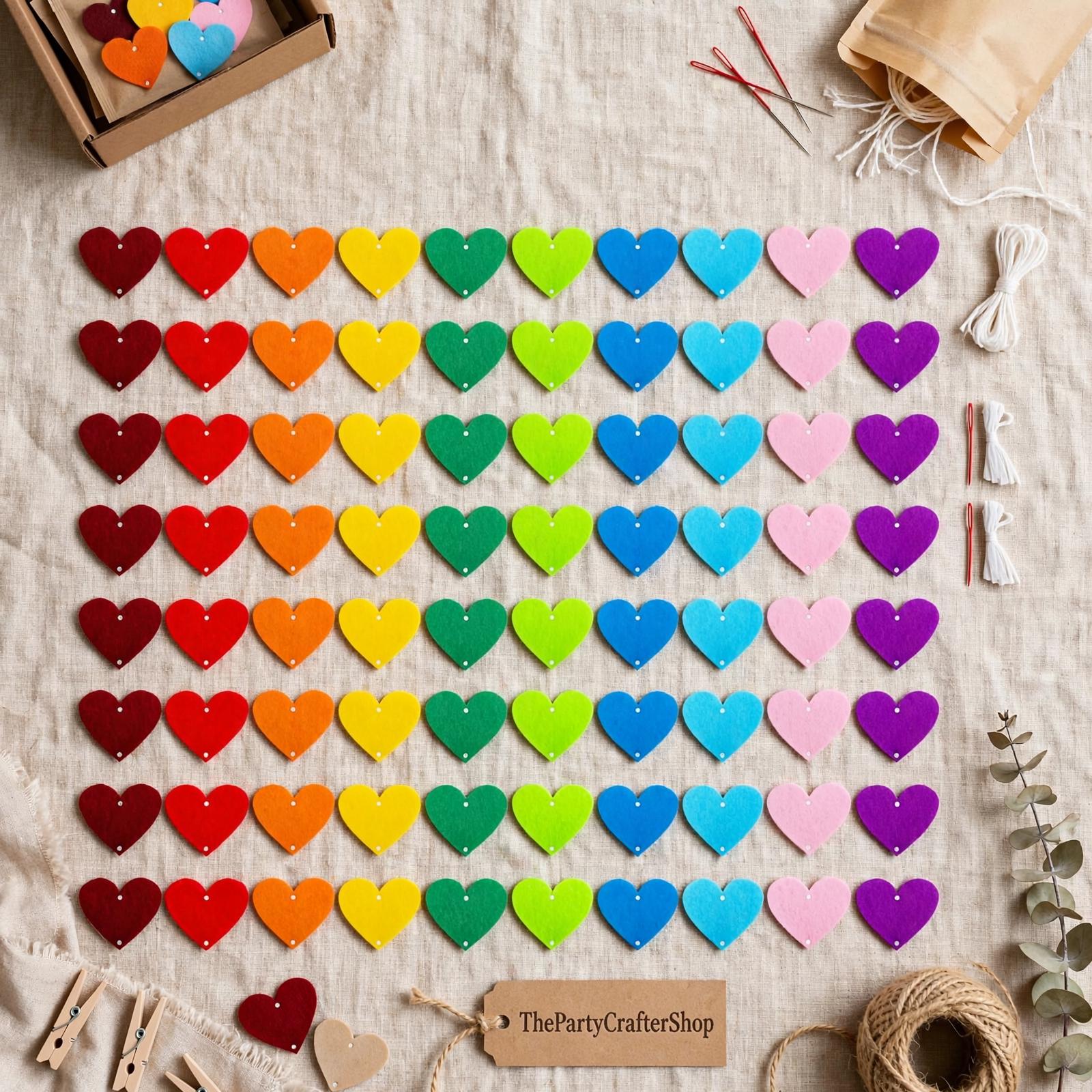 9 Pack Colorful Felt Heart Garland | Rainbow DIY Heart Banner | Wedding Birthday Party Decorations