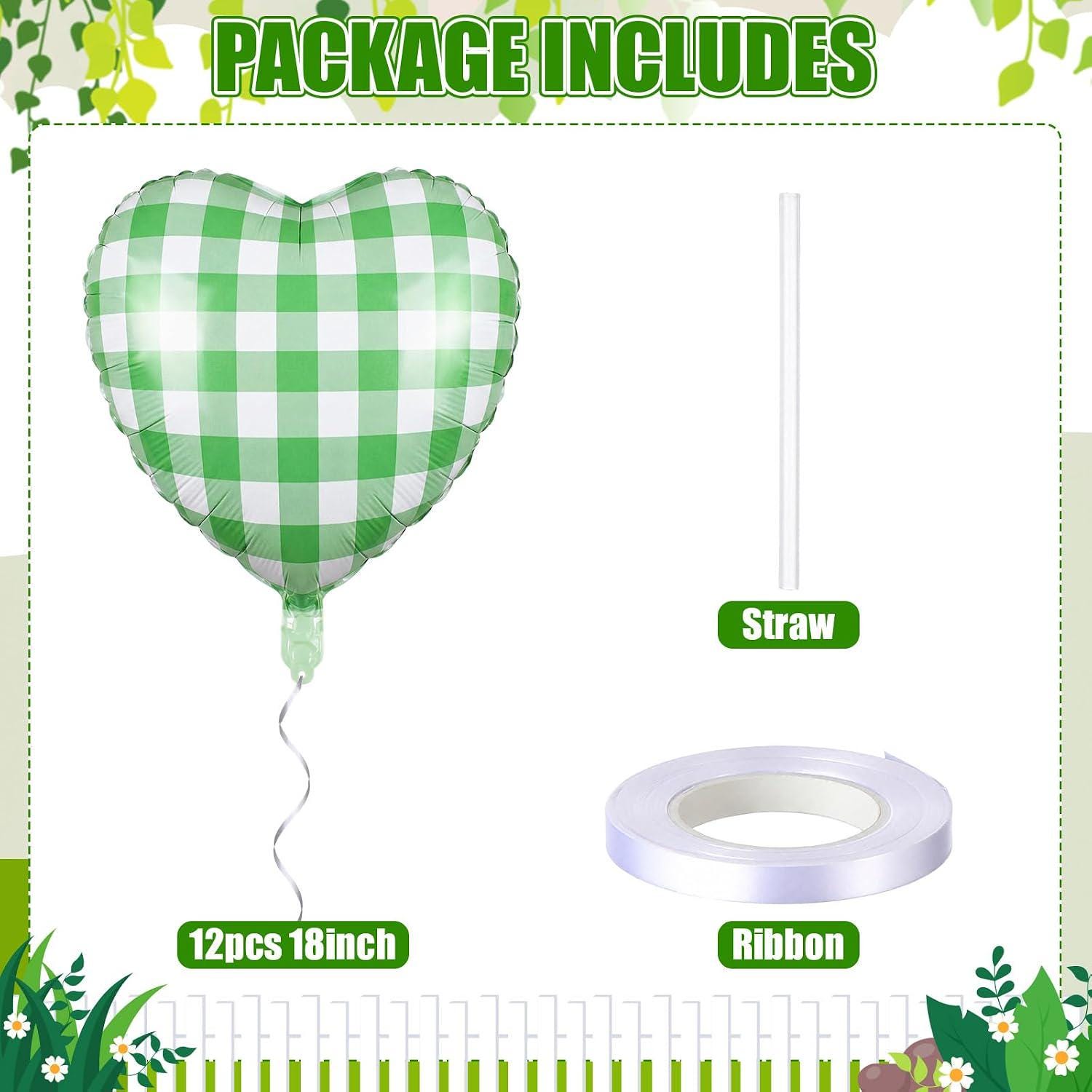 Sage Green Gingham Heart Foil Balloons, 18 Inch Checked Party Decor
