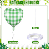 Sage Green Gingham Heart Foil Balloons, 18 Inch Checked Party Decor