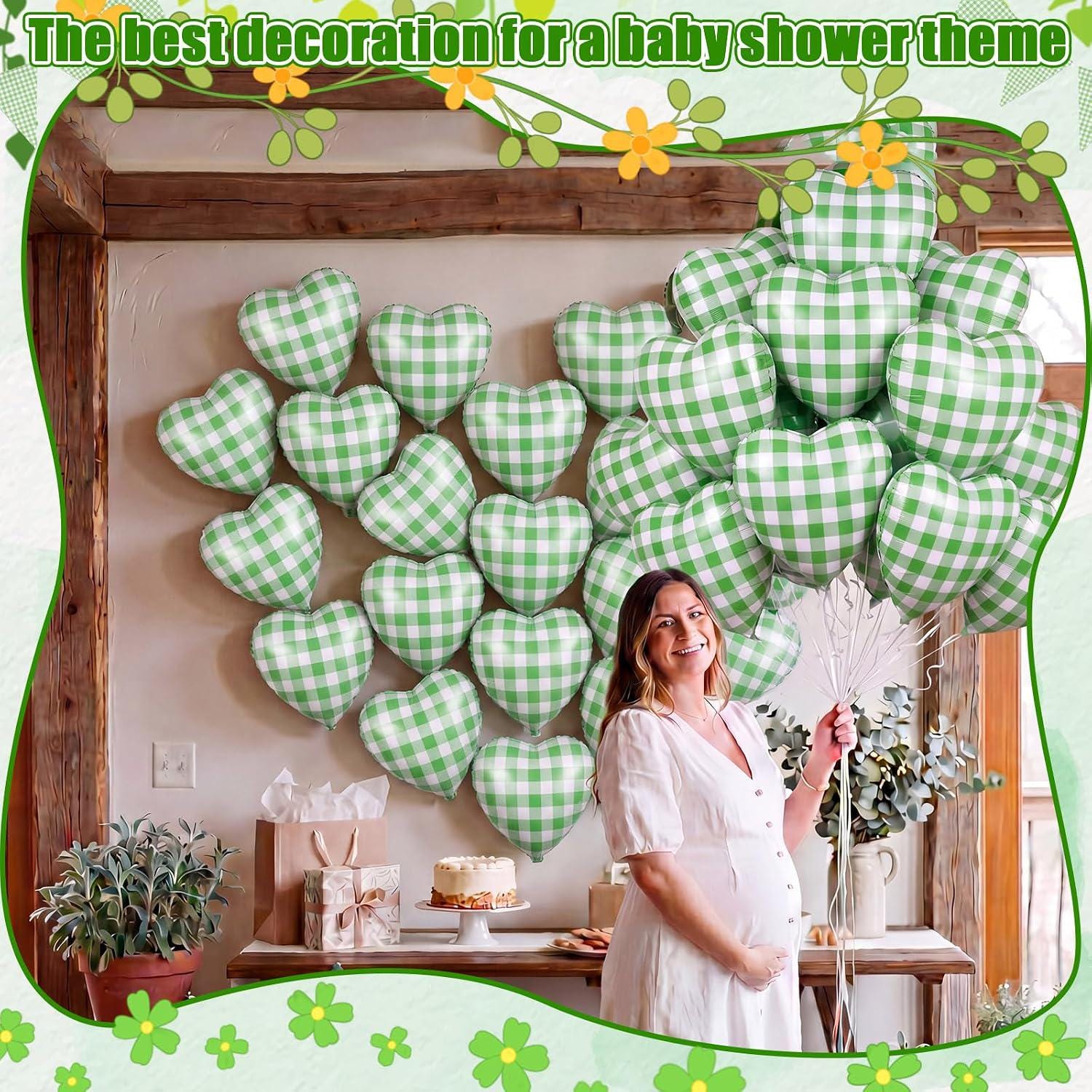 Sage Green Gingham Heart Foil Balloons, 18 Inch Checked Party Decor