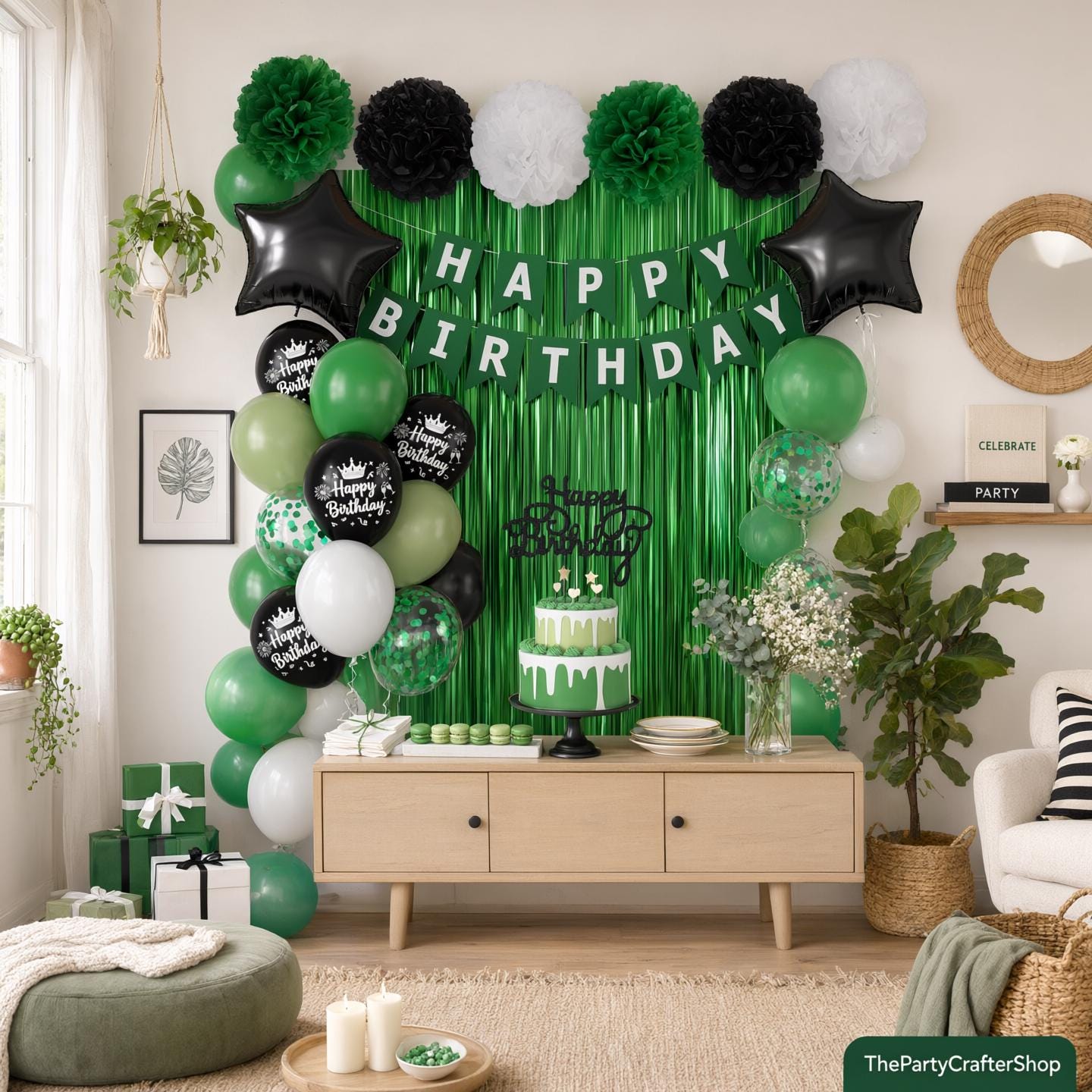 Green Black Birthday Party Decor Kit, Balloons, Fringe Curtain, Banner, Stars