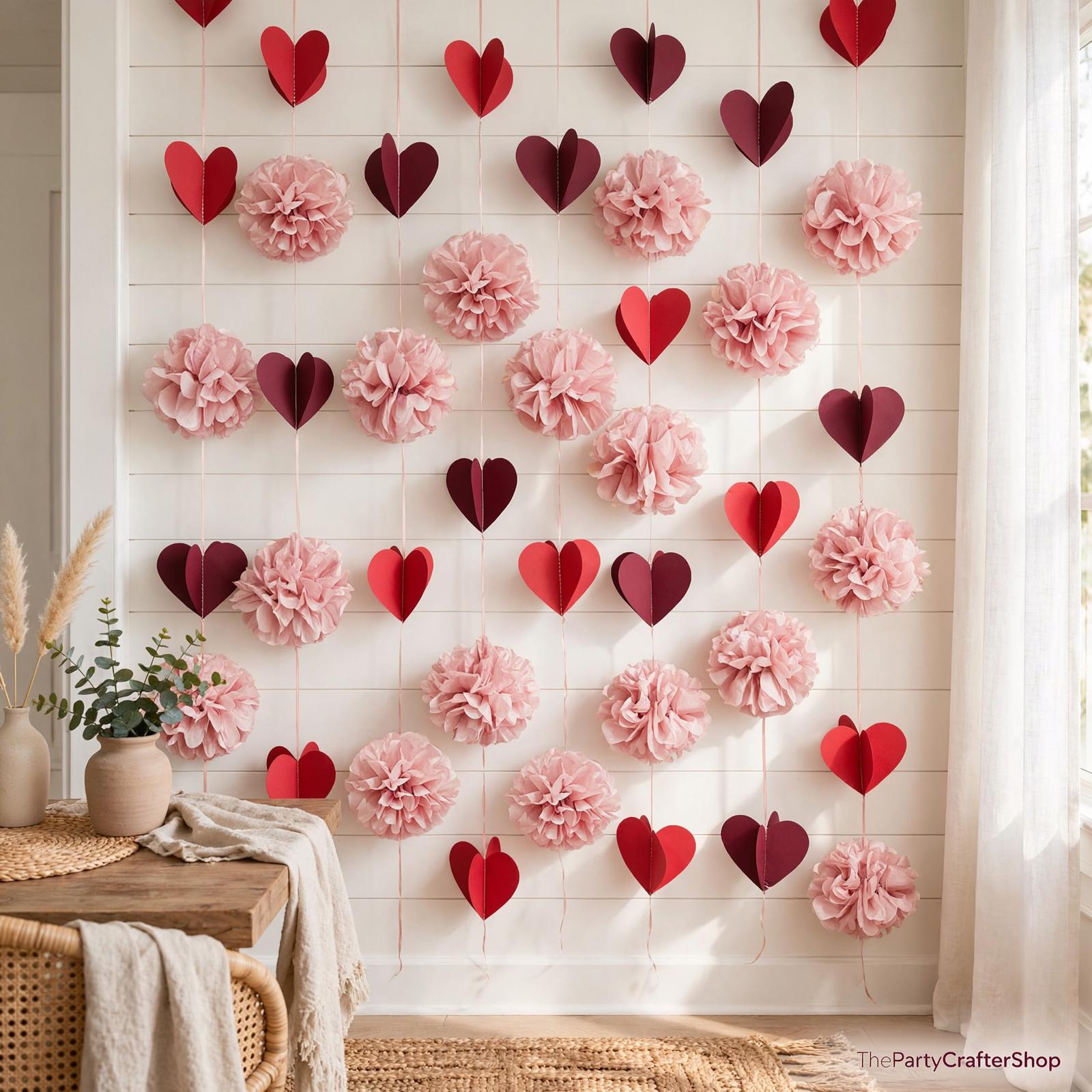 Dusty Rose Pink Party Decor Set | Tissue Pom Poms, Heart Garland (Valentine, Baby Shower)