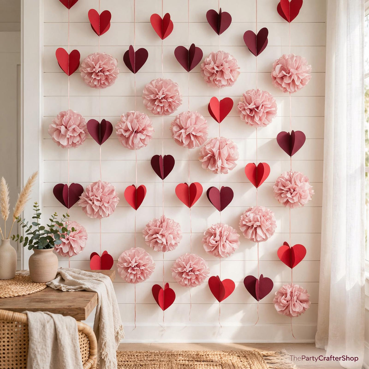 Dusty Rose Pink Party Decor Set | Tissue Pom Poms, Heart Garland (Valentine, Baby Shower)