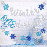 Winter Onederland Banner for 1st Birthday Party with Blue Silver Snowflakes