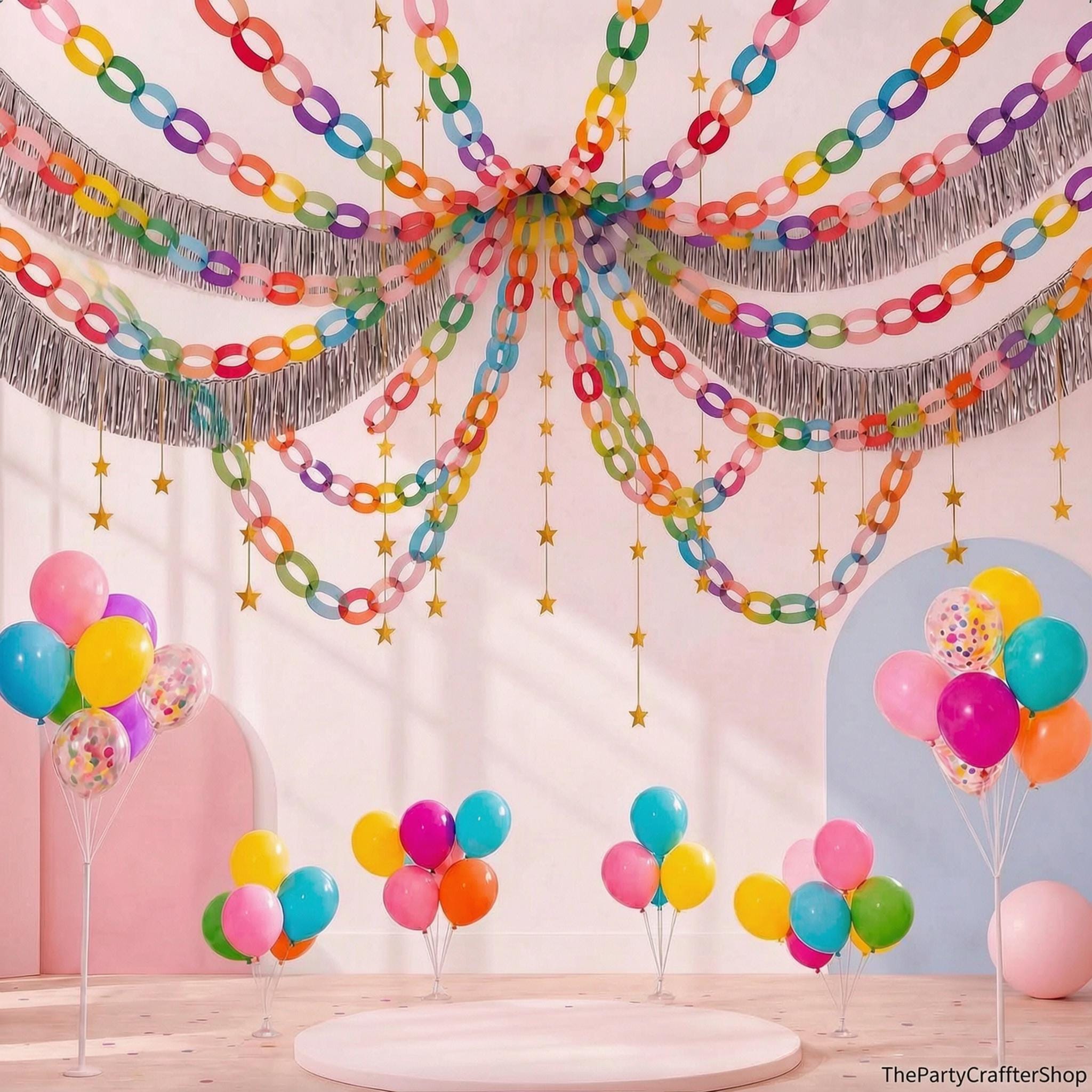 Rainbow Party Decoration Kit, Paper Chains, Silver Fringe, Gold Star Garland