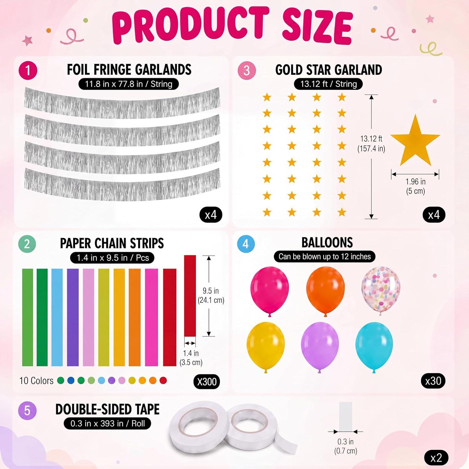 Rainbow Party Decoration Kit, Paper Chains, Silver Fringe, Gold Star Garland