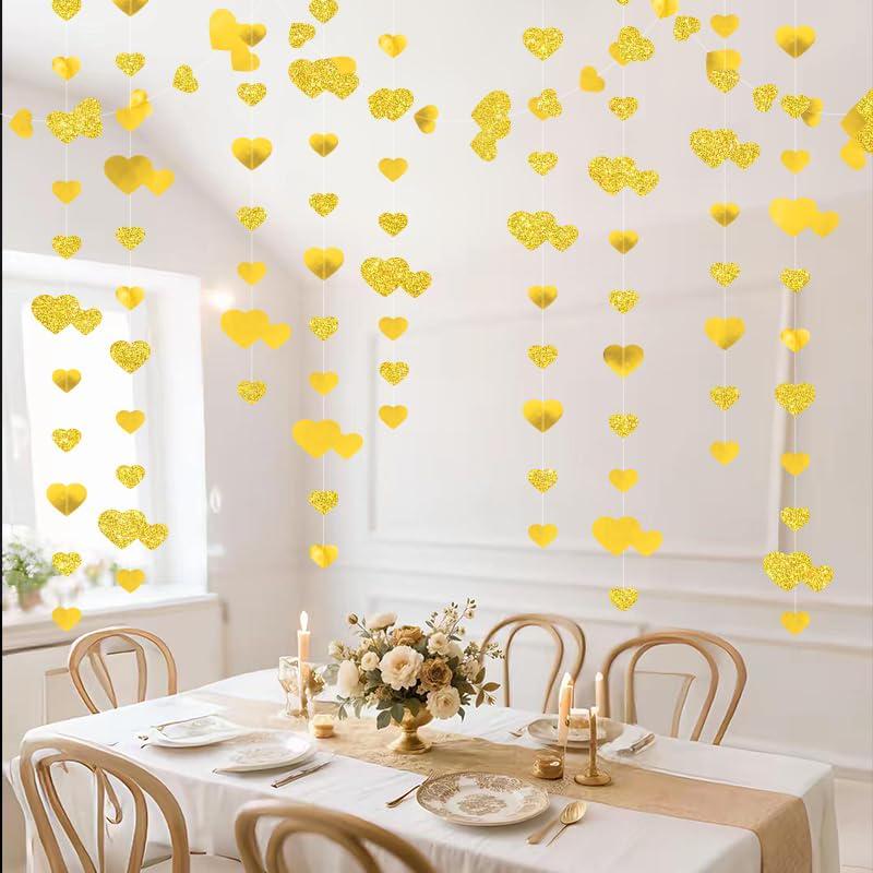 40Ft Gold Heart Garland, Glitter Love Banner, Sparkling Heart Hanging Backdrop Wedding Party Decor