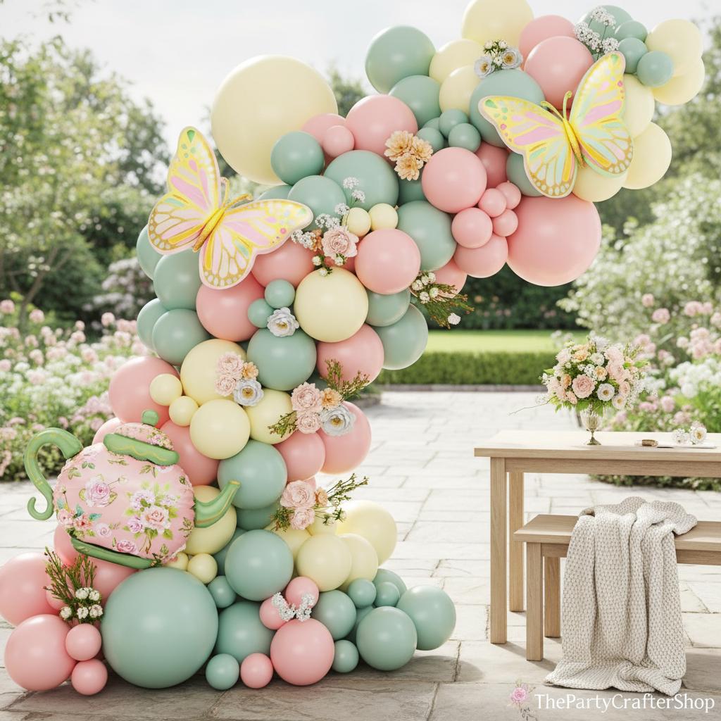 Pastel Tea Party Balloon Garland Kit | Pink Yellow Arch, Teapot Butterfly Balloons