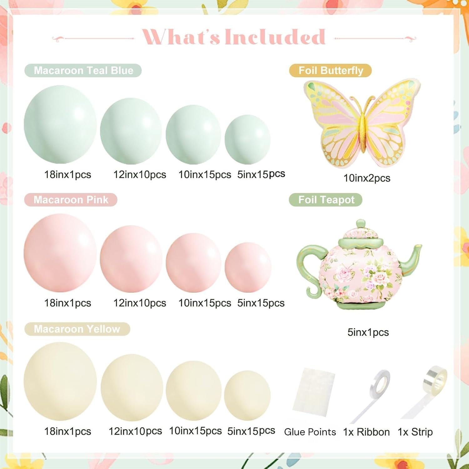 Pastel Tea Party Balloon Garland Kit | Pink Yellow Arch, Teapot Butterfly Balloons