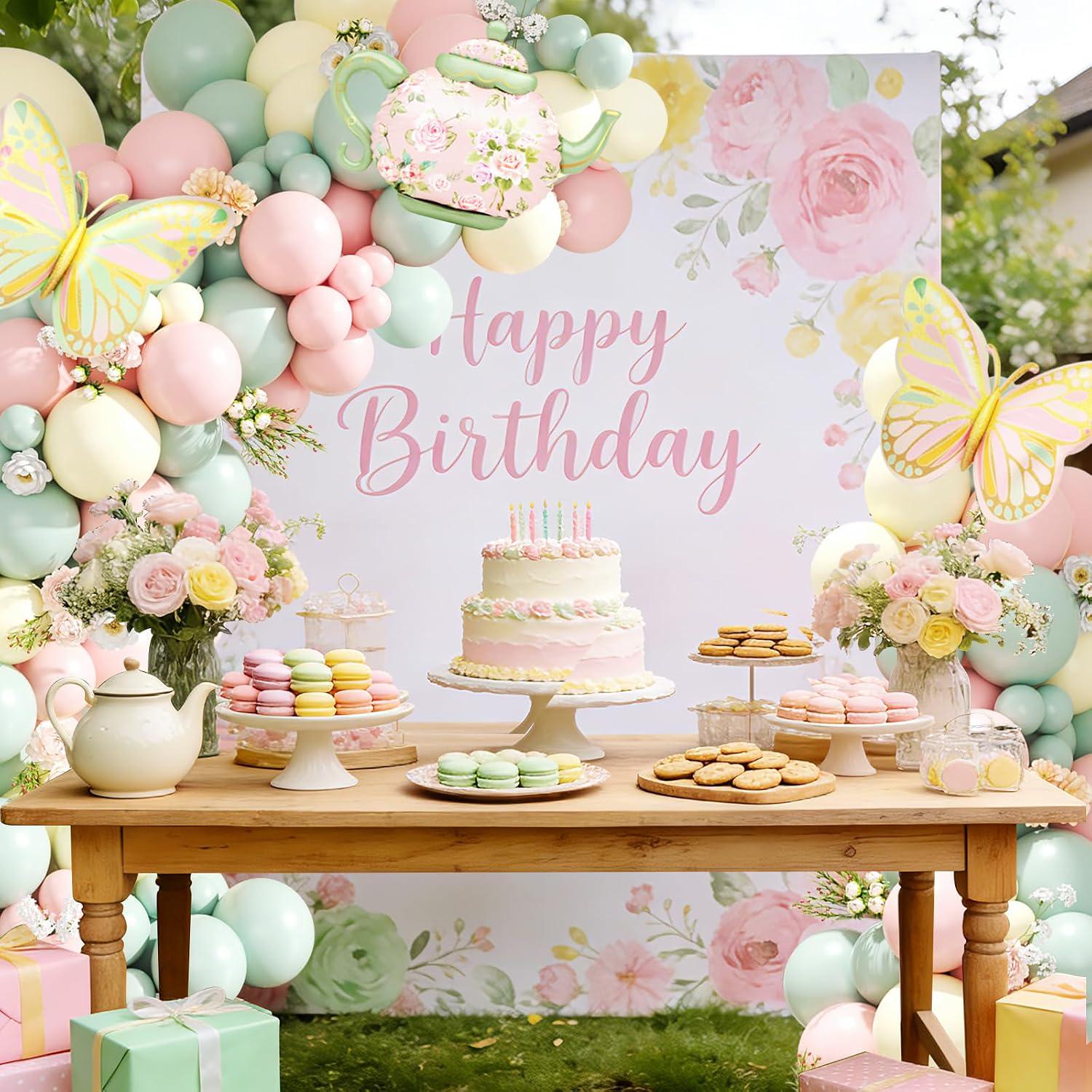 Pastel Tea Party Balloon Garland Kit | Pink Yellow Arch, Teapot Butterfly Balloons