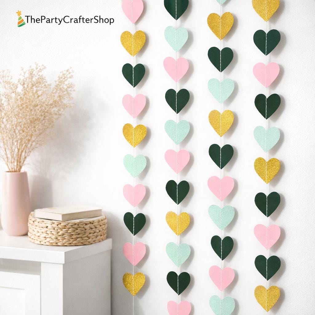 4Pack 52Ft Heart Streamers Garland, Paper Heart Hanging Banner, Wedding Birthday Party Decoration