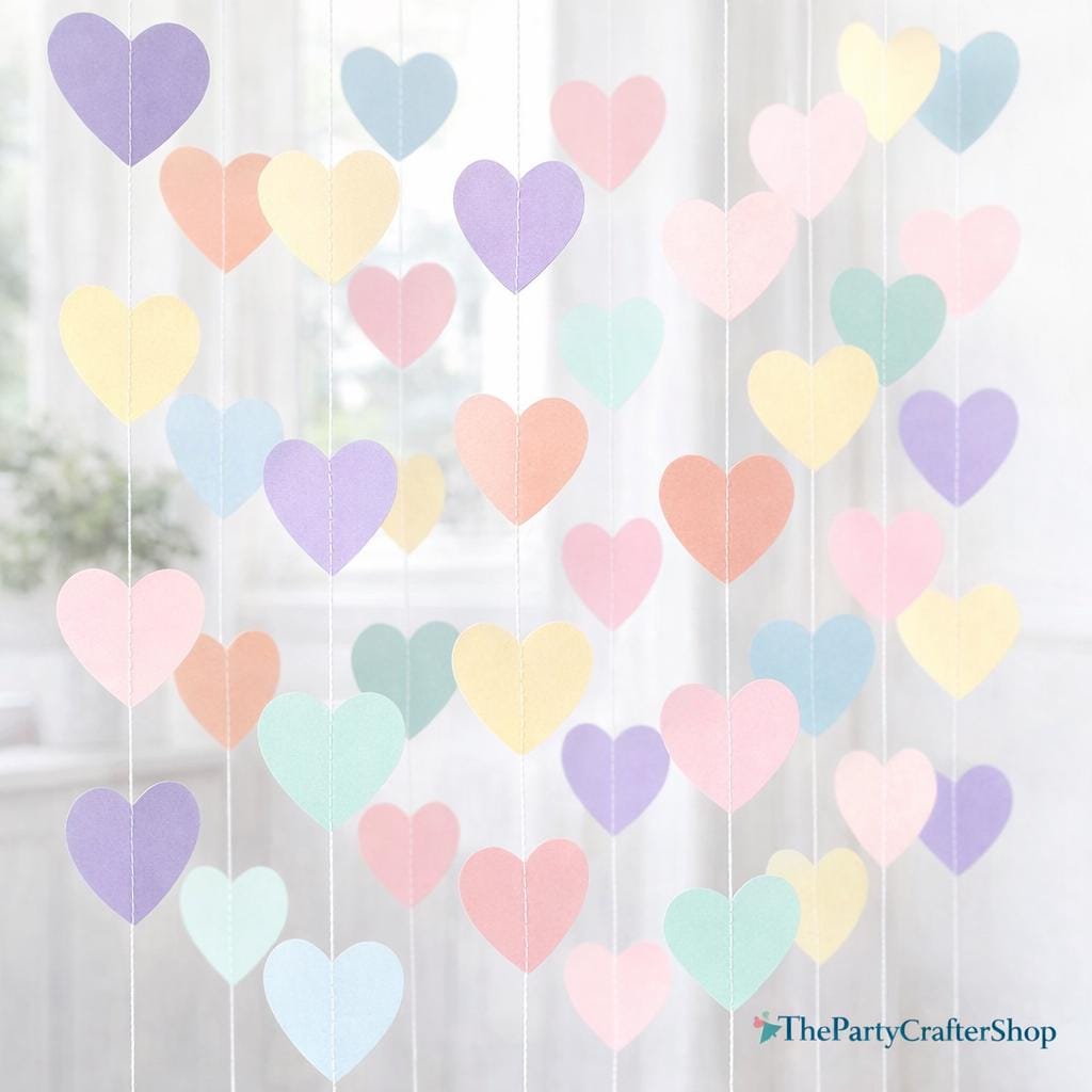 Pastel Rainbow Heart Garland, Birthday Party Backdrop Decor, 52Ft Streamers