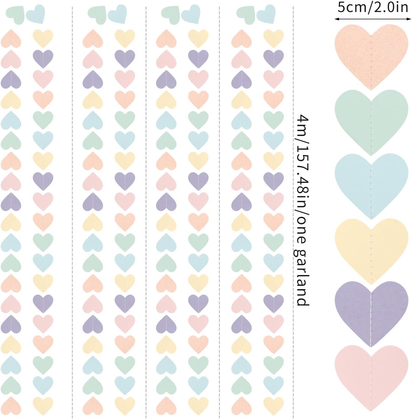 Pastel Rainbow Heart Garland, Birthday Party Backdrop Decor, 52Ft Streamers