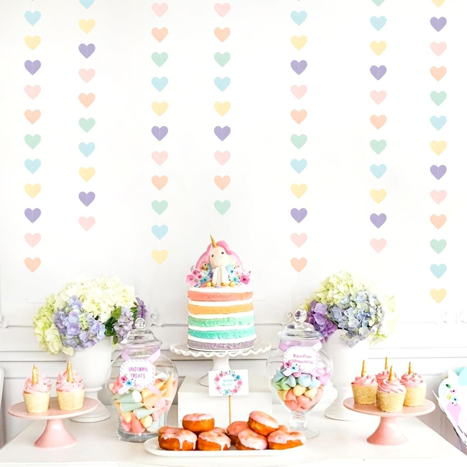 Pastel Rainbow Heart Garland, Birthday Party Backdrop Decor, 52Ft Streamers
