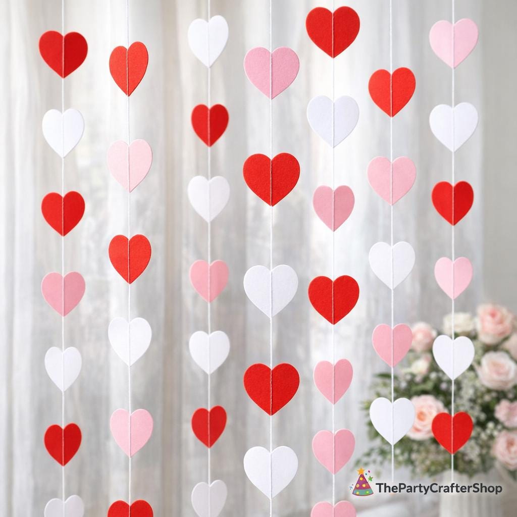15Pcs Valentine Heart Garland Banner, Red Pink Hanging String Hearts, Wedding Engagement Party Decor