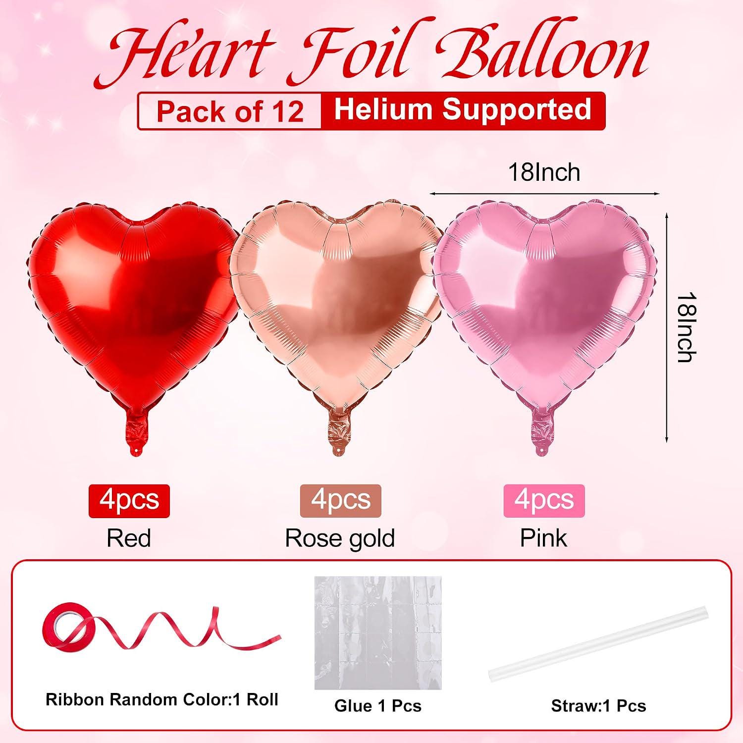 Rose Gold Red Heart Foil Balloons, 18 Inch Valentine Love Party Decoration