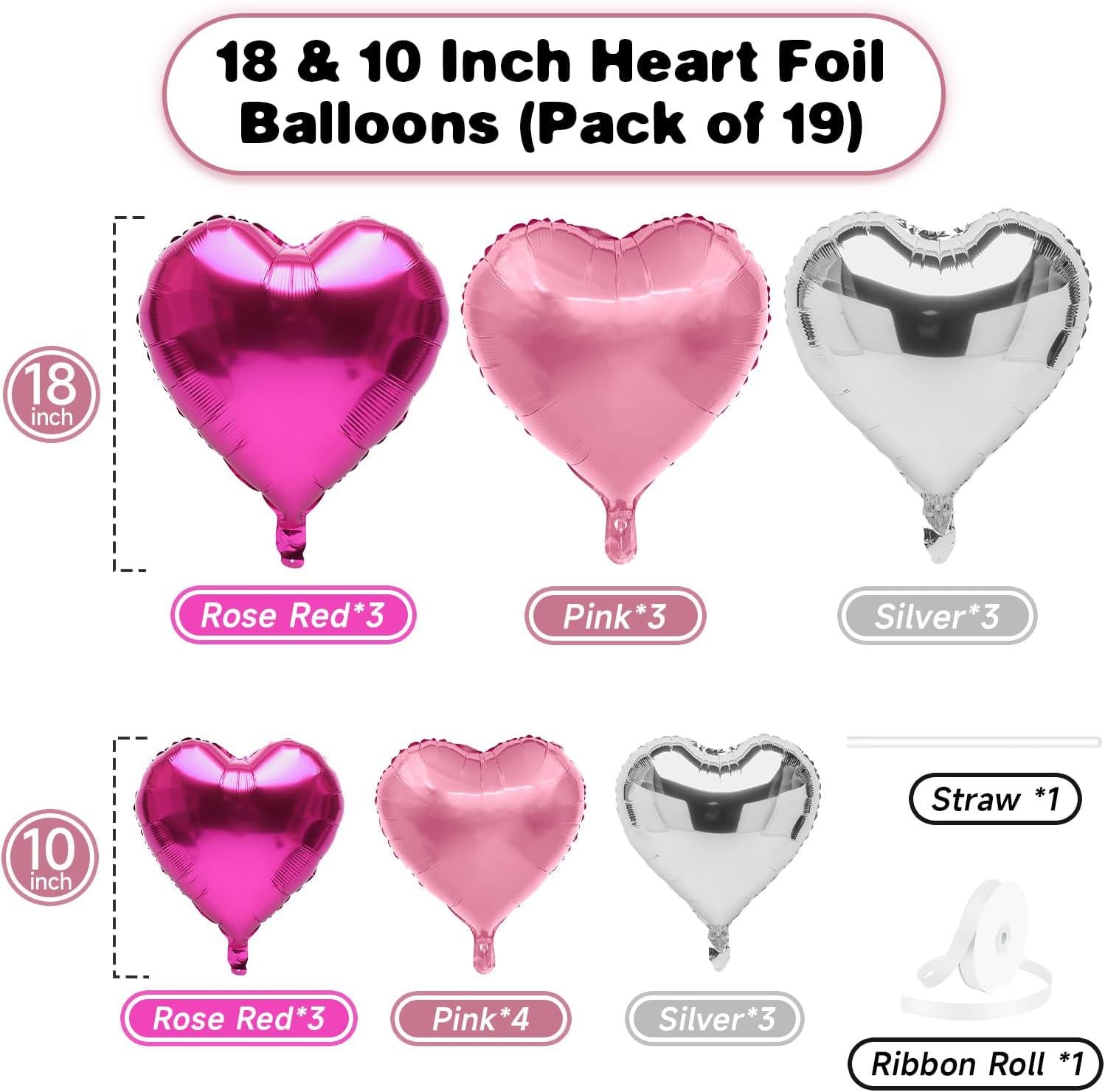 Pink Silver Heart Foil Balloons, 18 Inch Mylar Love Party Decor
