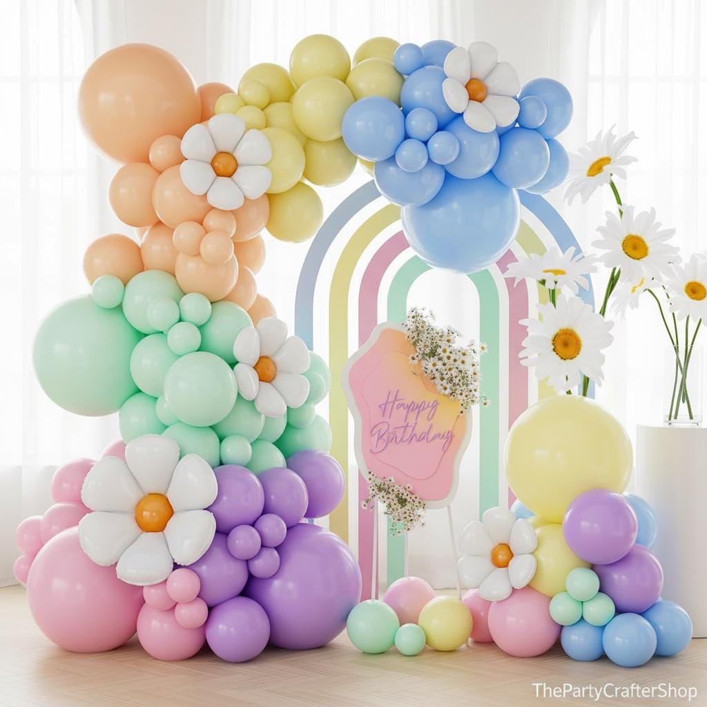 Daisy Balloon Arch Kit | Pastel Rainbow Garland, Flower Party Decor