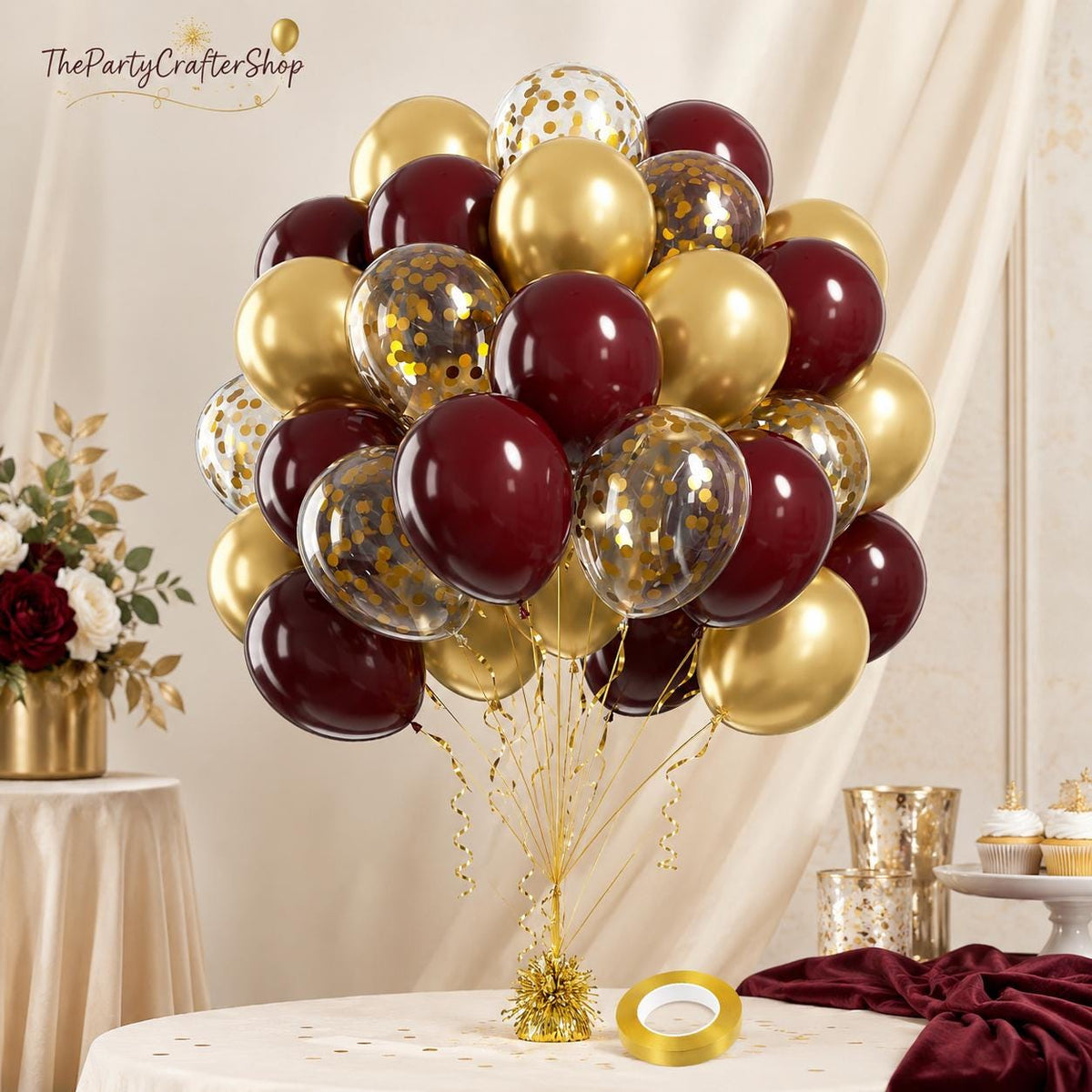 60Pcs Burgundy Gold Balloon Set, Maroon Metallic Confetti Balloons, Graduation Bridal Shower Party Decor