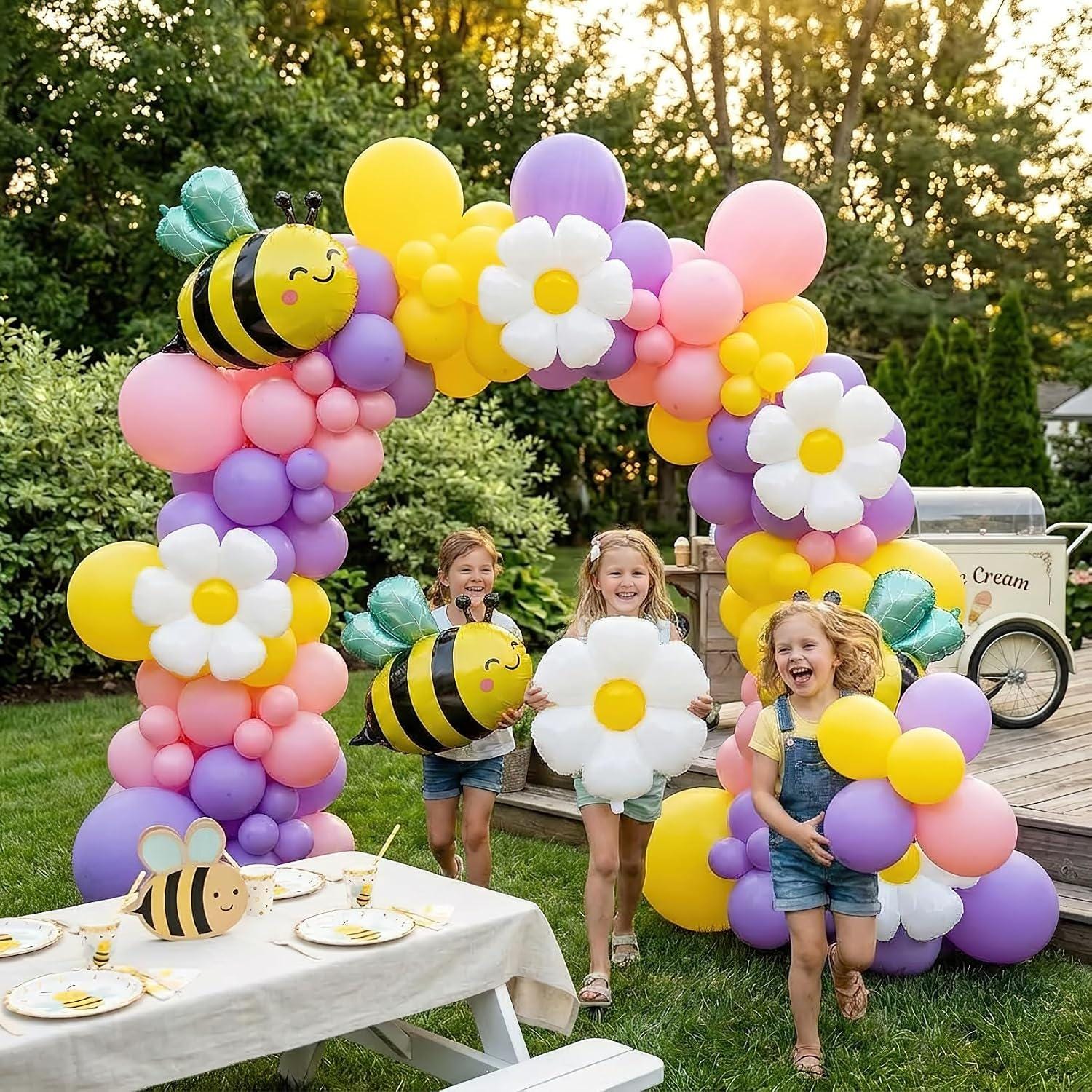 Bee Balloon Arch Kit | Pink Purple Yellow Daisy Balloons, Honeybee Birthday Shower Decor