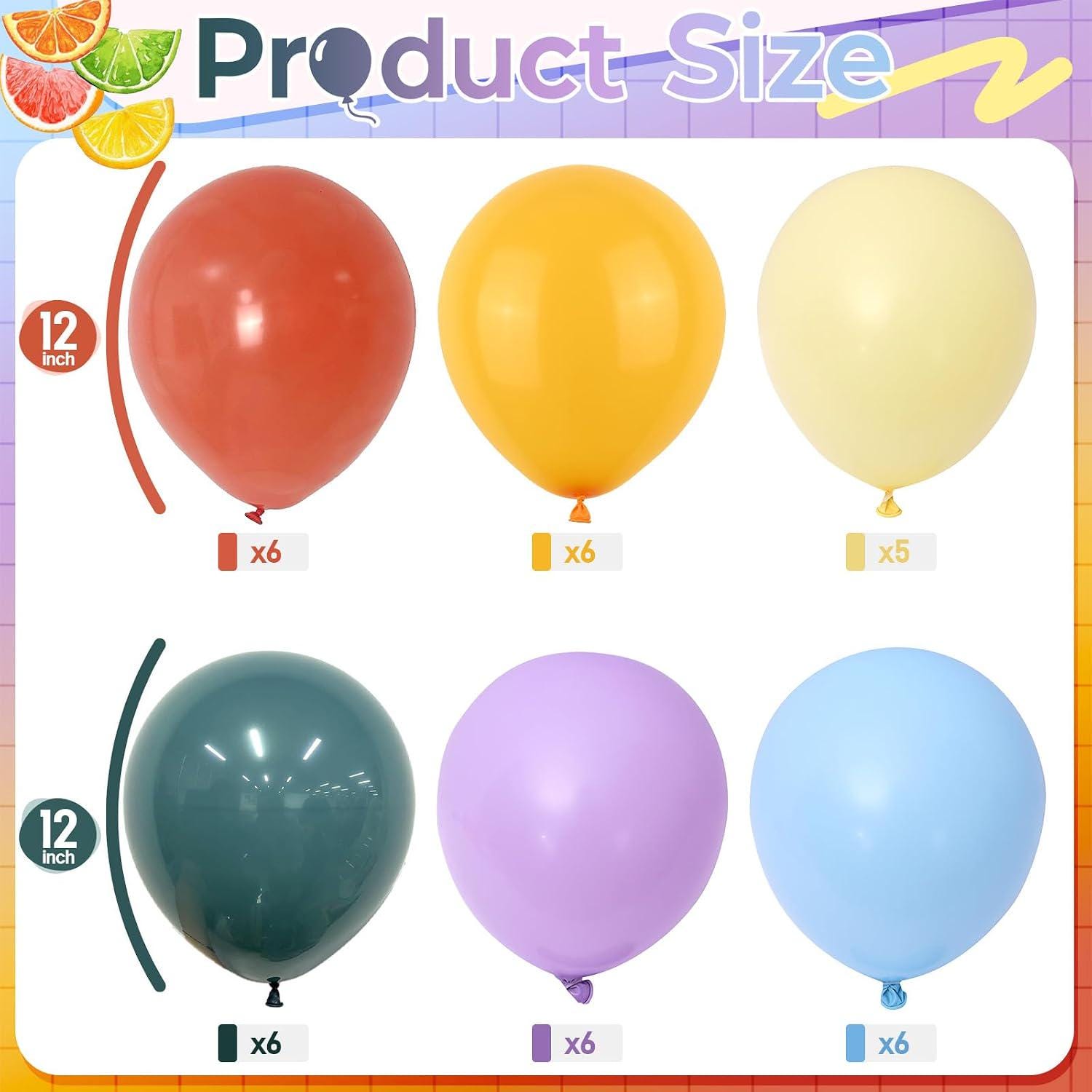 Retro Rainbow Balloon Set, Dusty Orange, Blue, Yellow, Lavender Party Decor