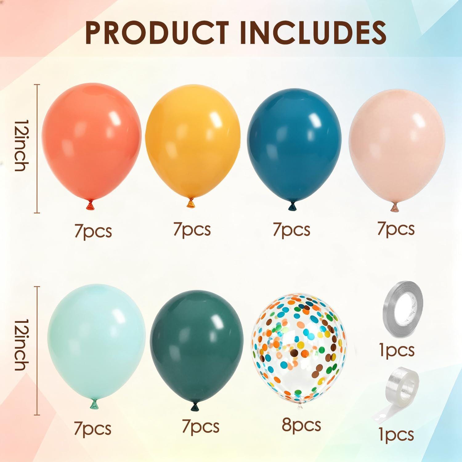 Boho Rainbow Balloon Set, Retro Orange Yellow Blue Confetti Party Decor