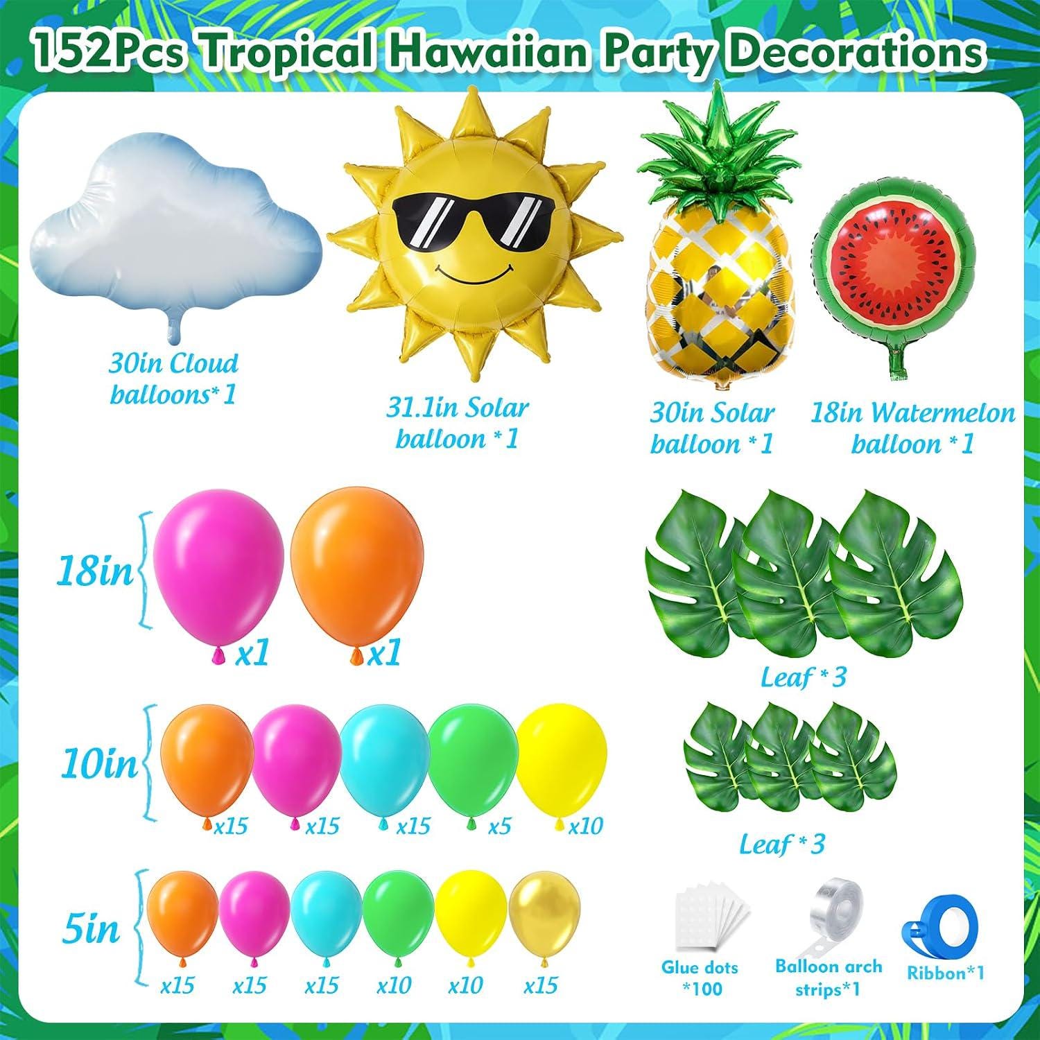 152Pcs Tropical Hawaiian Balloon Arch Kit, Hot Pink Orange Yellow Luau Summer Party Decor