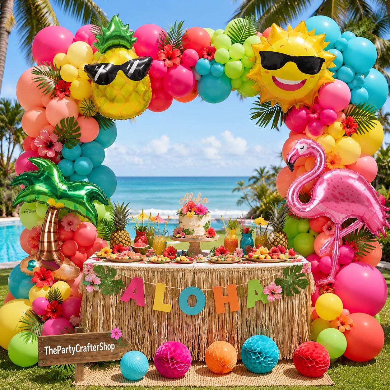 Tropical Summer Balloon Arch Kit, Hawaiian Luau Party Decor, Hot Pink Orange Yellow Balloons