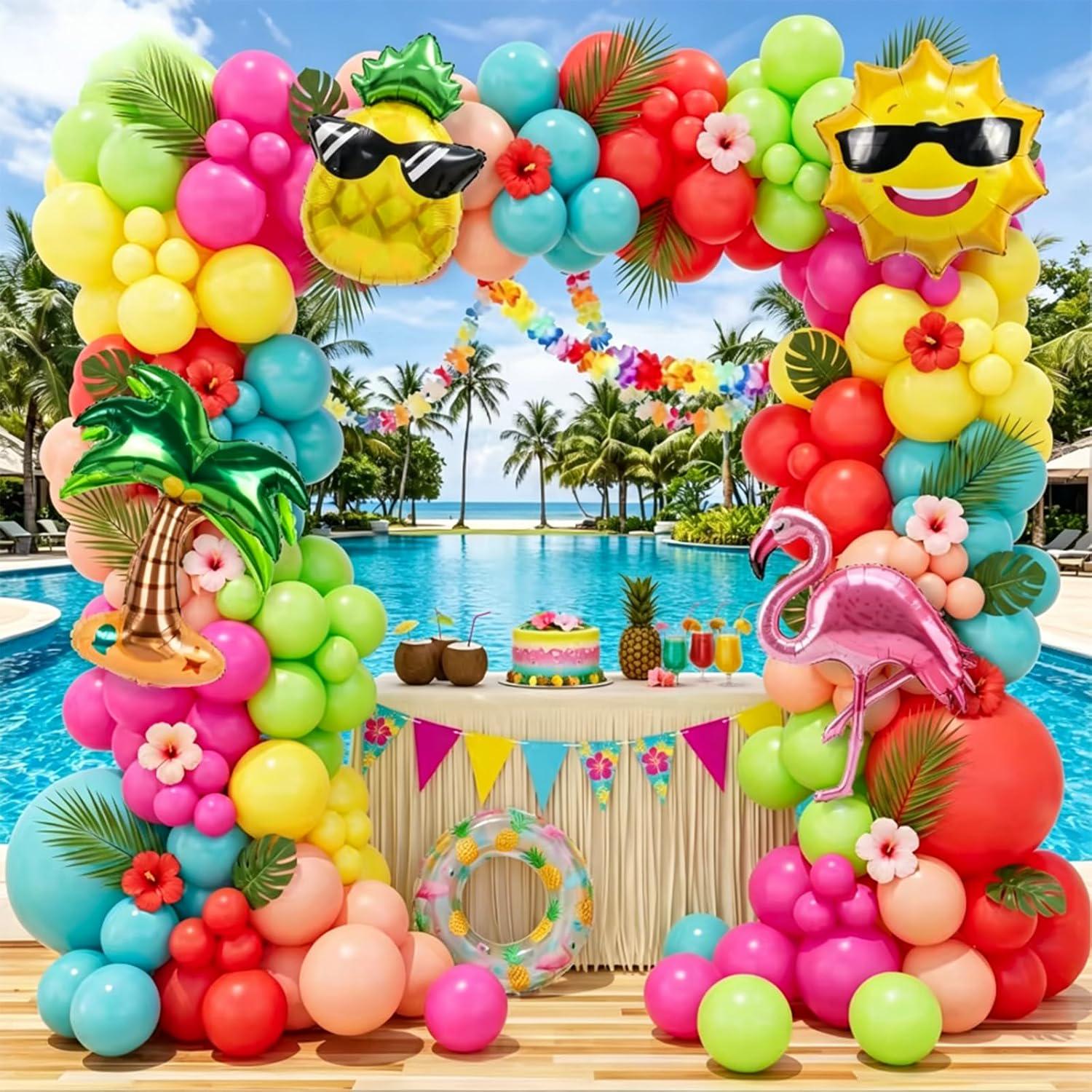 Tropical Summer Balloon Arch Kit, Hawaiian Luau Party Decor, Hot Pink Orange Yellow Balloons