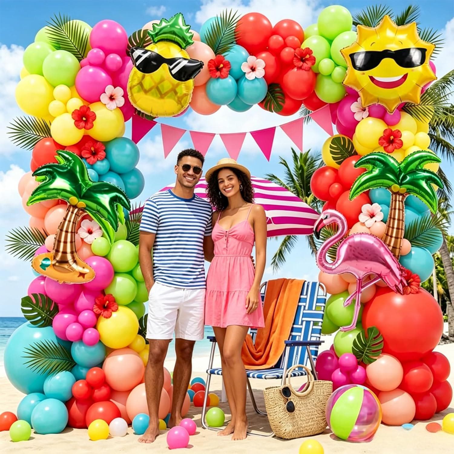 Tropical Summer Balloon Arch Kit, Hawaiian Luau Party Decor, Hot Pink Orange Yellow Balloons