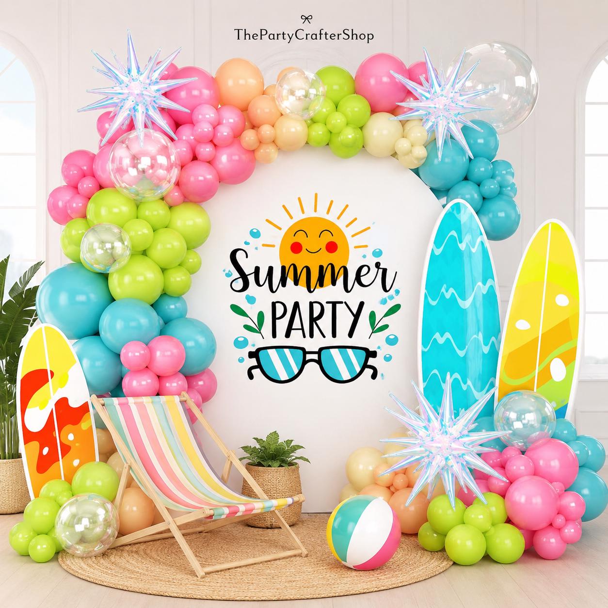 Tropical Balloon Arch Kit, Teal Pink Orange Yellow Garland, Iridescent Stars, Luau Party Decor