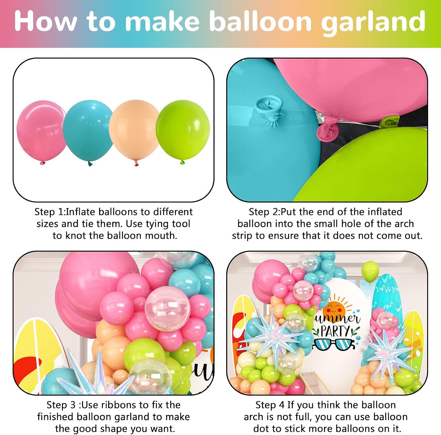 Tropical Balloon Arch Kit, Teal Pink Orange Yellow Garland, Iridescent Stars, Luau Party Decor