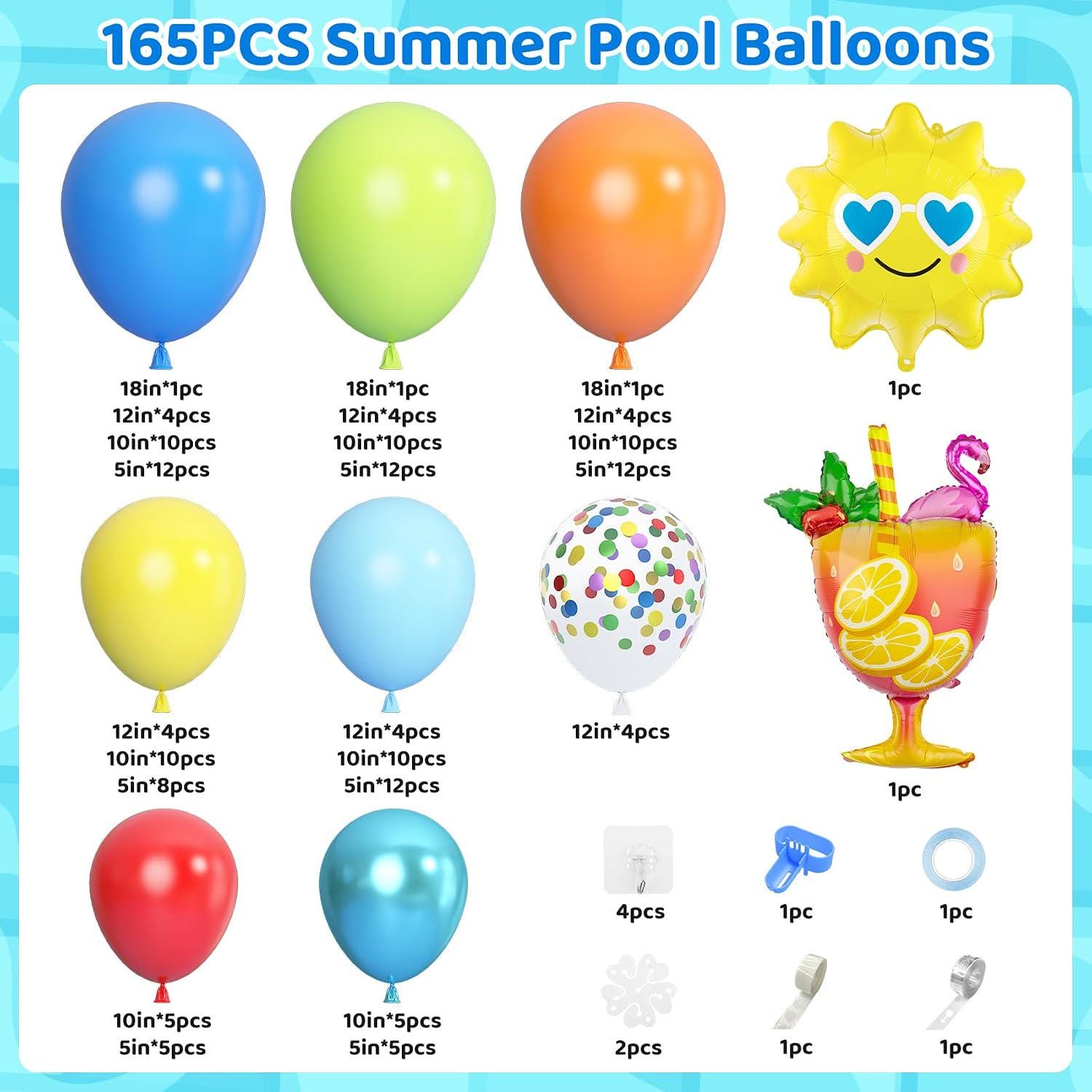 165pc Tropical Pool Party Balloon Arch Kit | Summer Luau Birthday Decor