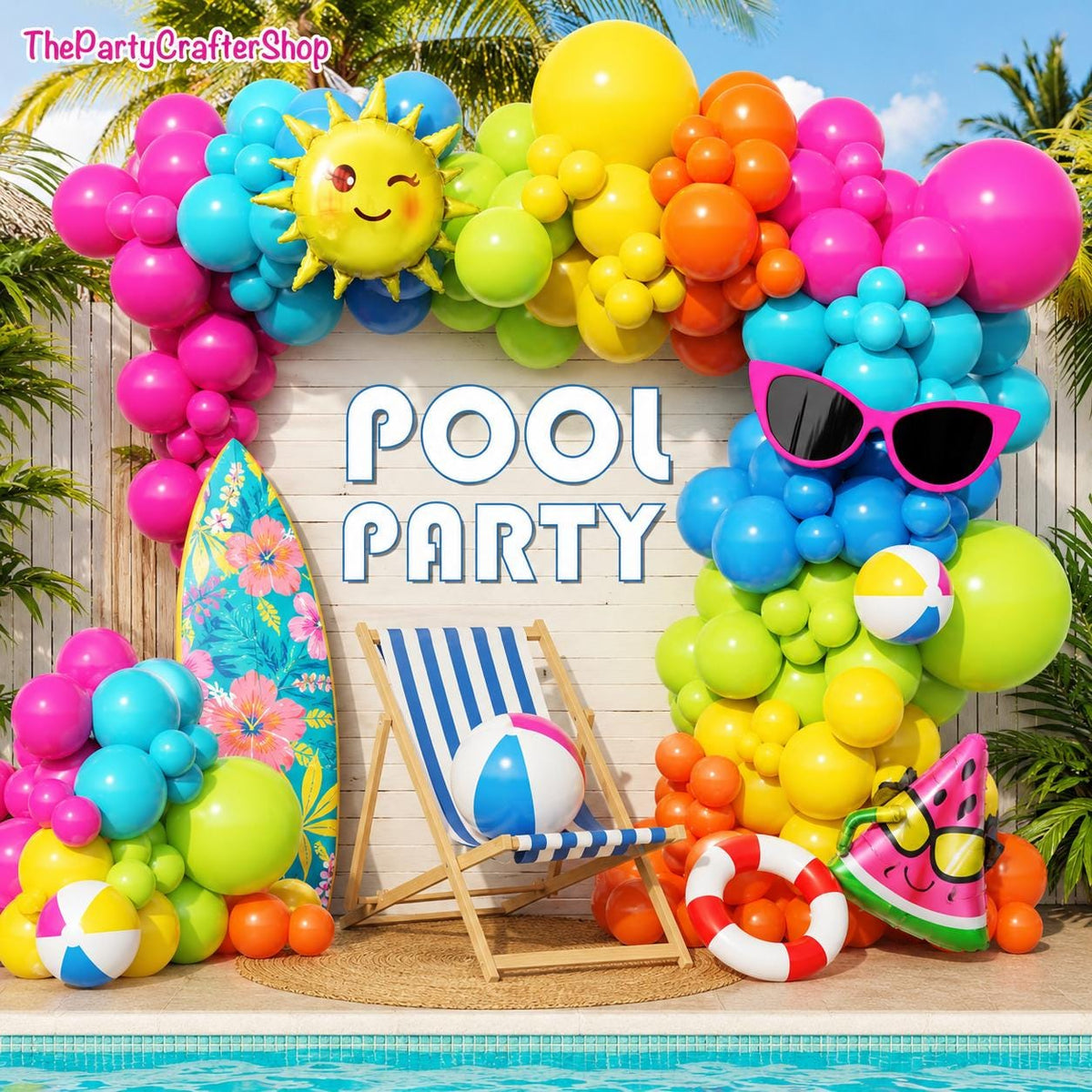 Tropical Pool Party Balloon Arch Kit | Hot Pink Yellow Blue Garland with Beach Balls Sun Balloons