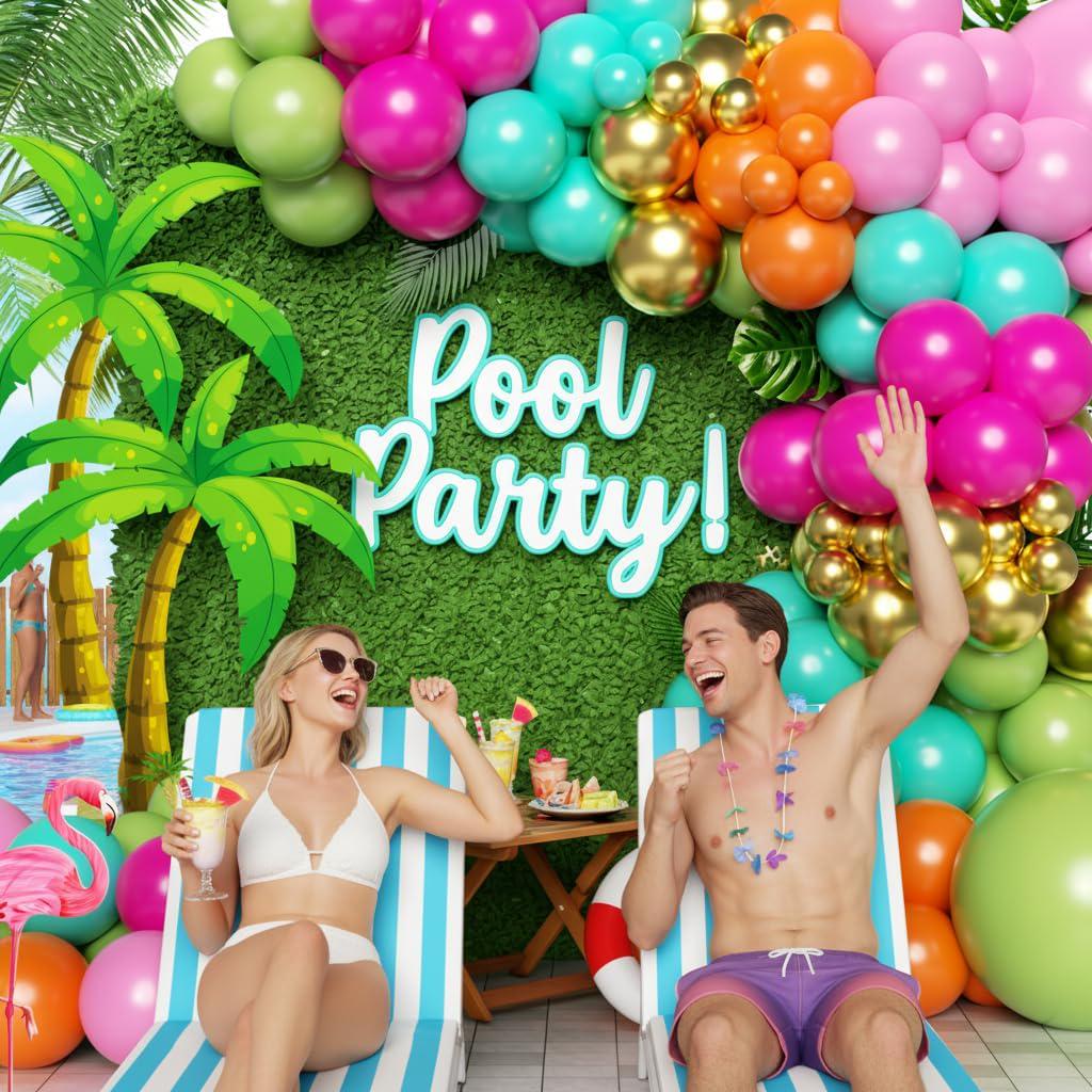 Tropical Luau Balloon Arch Kit | Olive Green, Hot Pink, Orange, Gold Hawaiian Garland