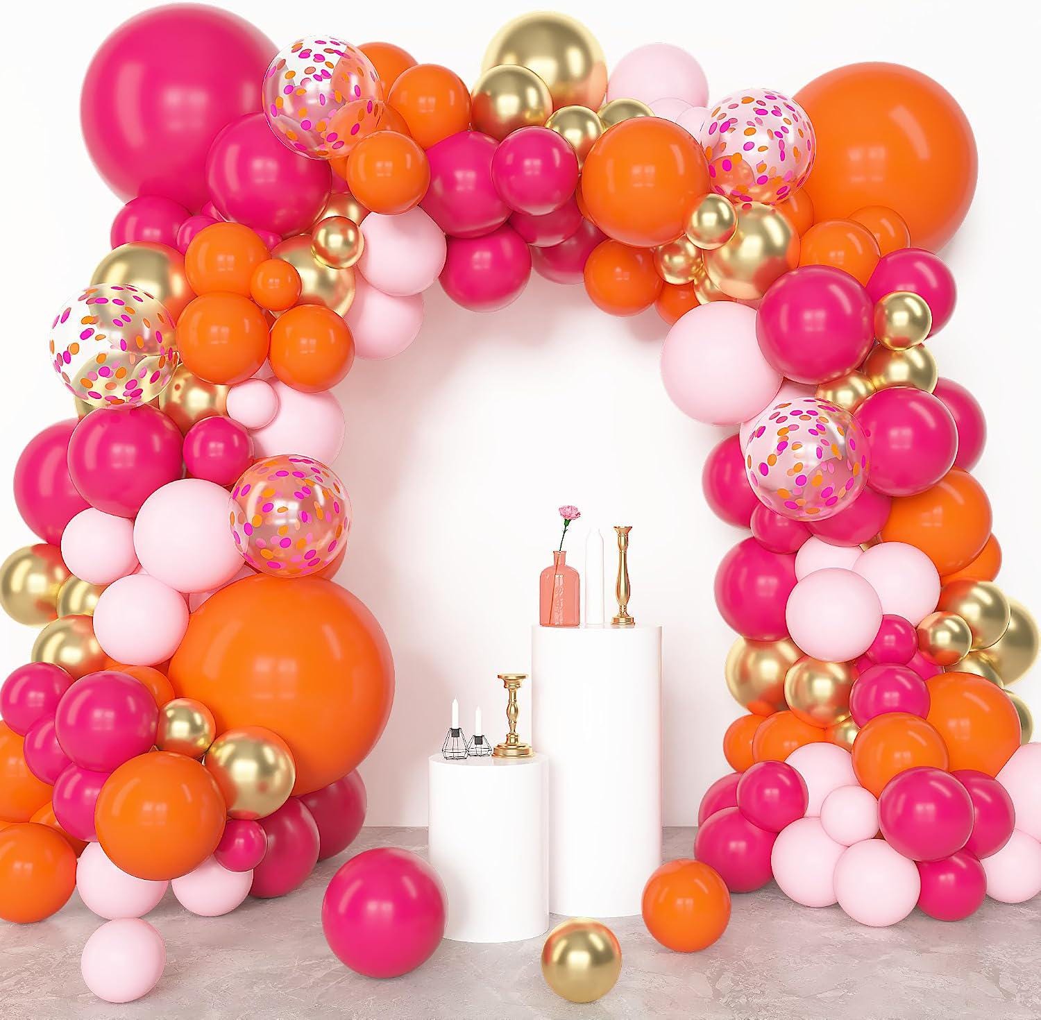 Sunset Pink Orange Balloon Arch Kit | Metallic Gold Confetti Party Decor