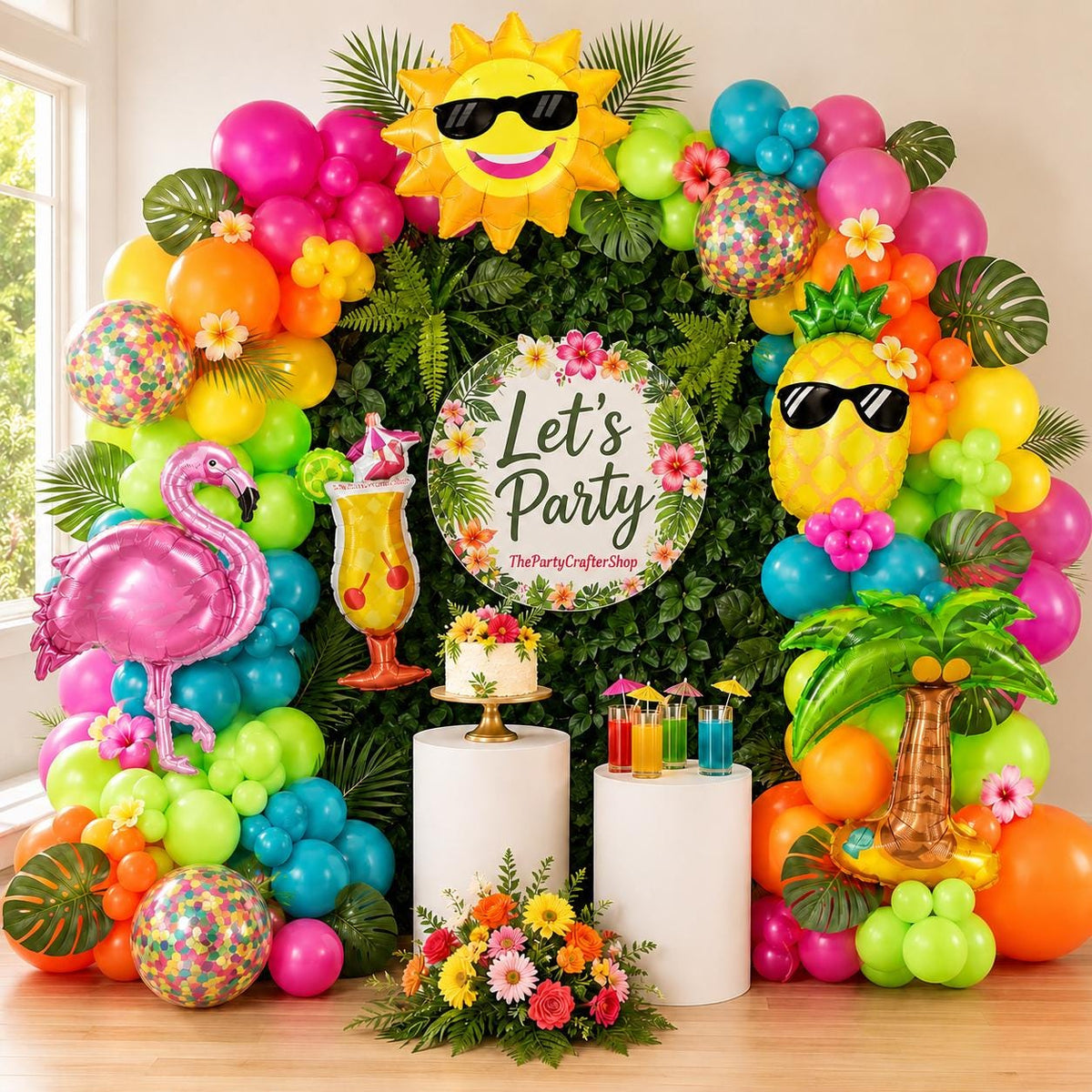 Tropical Flamingo Balloon Arch Kit | Hawaiian Luau Garland, Coconut Tree, Pineapple, Cocktail Balloons
