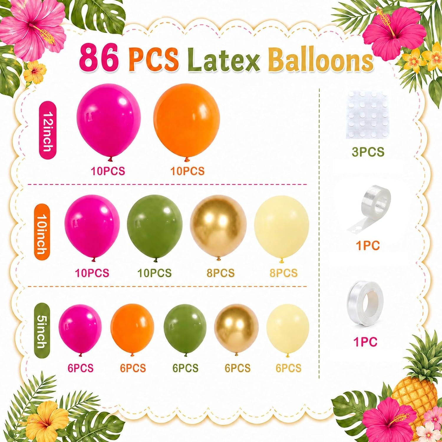 Tropical Hawaiian Balloon Arch Kit | Olive Green, Hot Pink, Gold Garland for Luau Parties